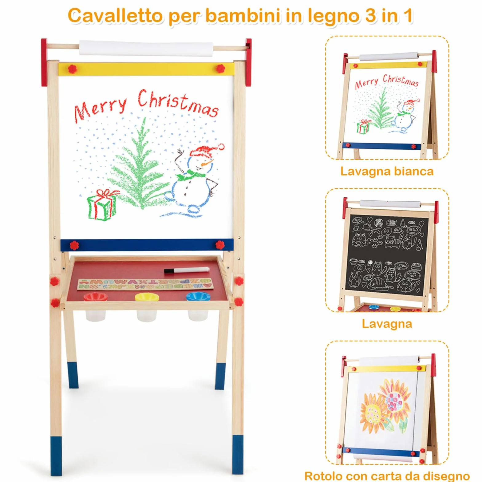 COSTWAY Cavalletto per Bambini 3 in 1, Lavagna Bifacciale, Legno (60x55x112,5-124,5 cm)