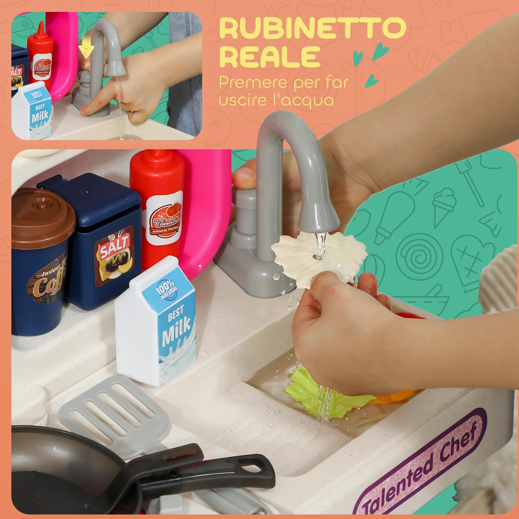 AIYAPLAY Cucina Giocattolo con 104 Accessori 3-6 Anni 52.5x22x100 cm Rosa | Suoni Realistici, Gioco per Bambini, in PP, PE e ABS