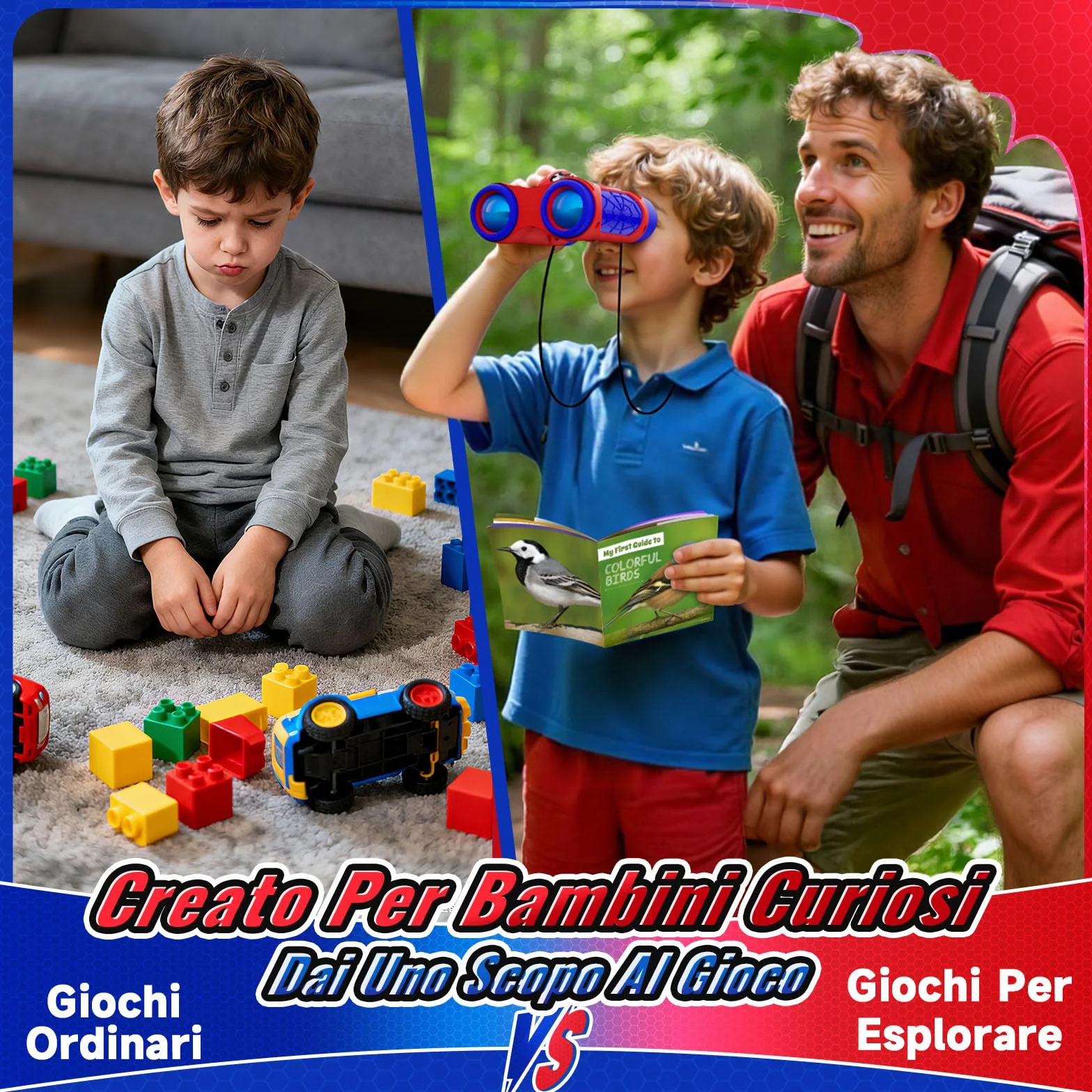 Binocolo Bambini con Bussola e Guida Uccelli, Binocoli Regalo Bambino Gioco Bimbo 3 4 5 6 7 8 9 Giochi Esterno Giardino Bambini Giocattoli Bambino 3-12 Anni Maschio Compleanno Pasqua Regalos