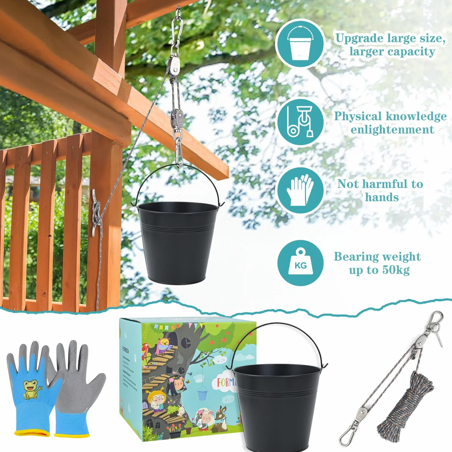 FORMIZON Puleggia per bambini, puleggia con secchio in metallo, sistema puleggia per bambini e secchio pieghevole, accessori per capanna in alberi e torre di gioco, giocattoli da giardino per bambini