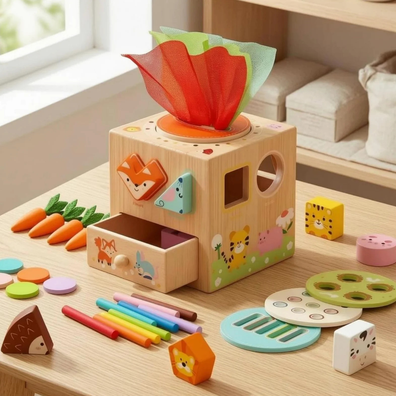 Qianly Cubo attività Educativo Apprendimento Precoce Cubo Multiattività in Legno Coordinazione Occhio-Mano Classificatore di Forme in Legno