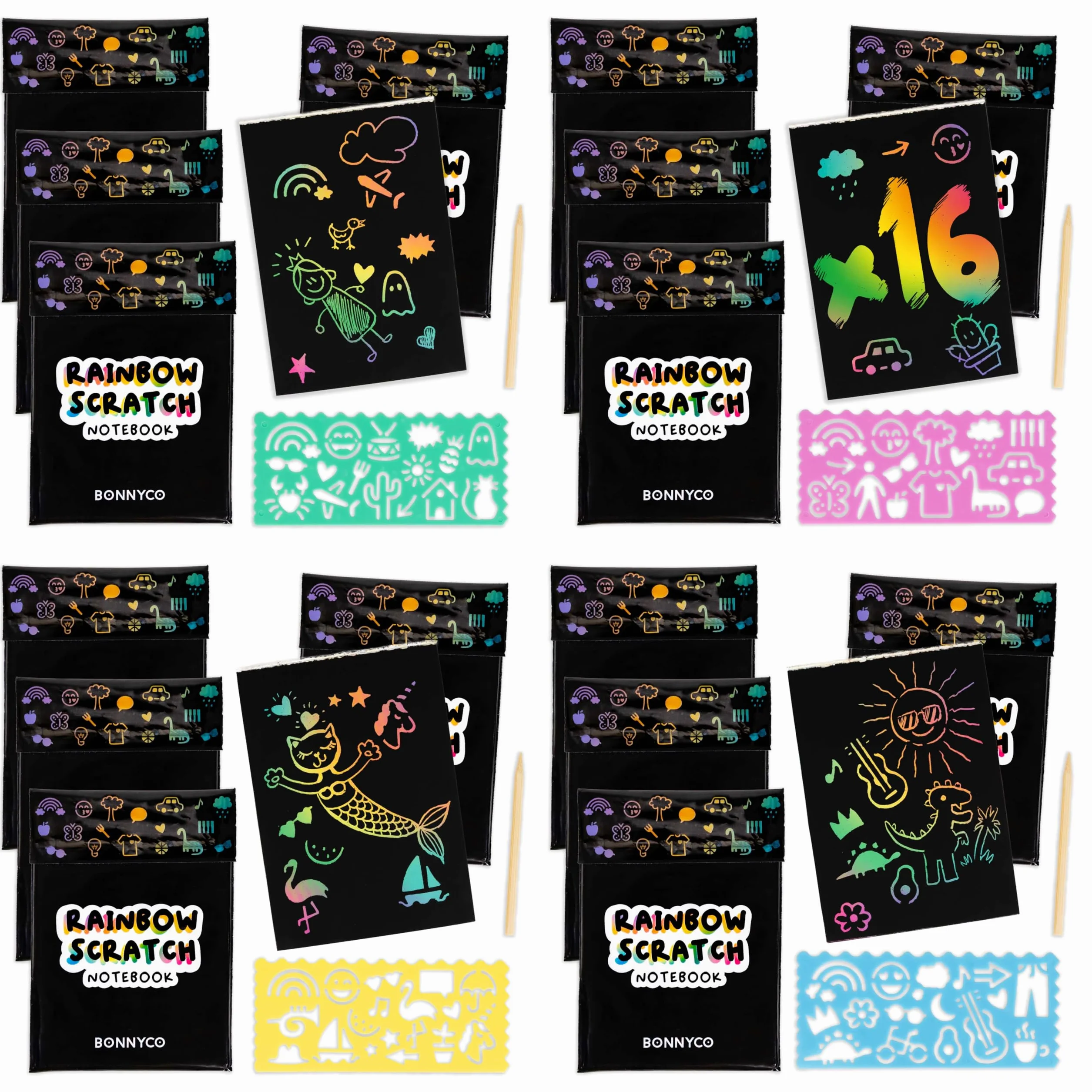 BONNYCO Scratch Art Bambini, 16 Set con Quaderno da Grattare, Stencil e Penna in Legno