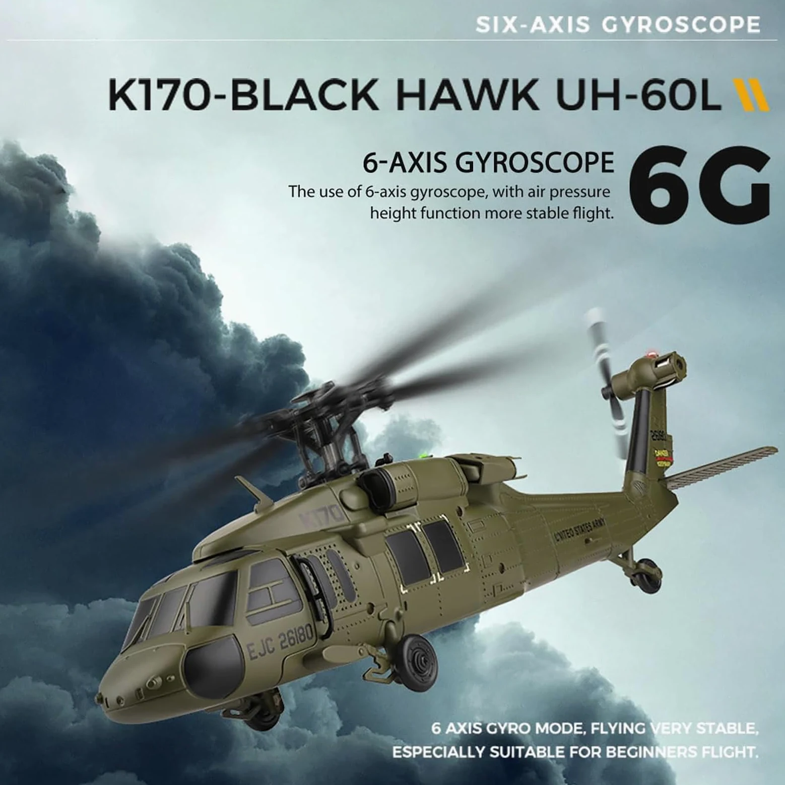 Generico Elicottero radiocomandato WL K170, 4 canali 2.4G Flybarless UH-60L RC Aereo Militare con Volo stazionario in Quota, Motore brushless per Adulti, Aereo RC giroscopico a 6 Assi