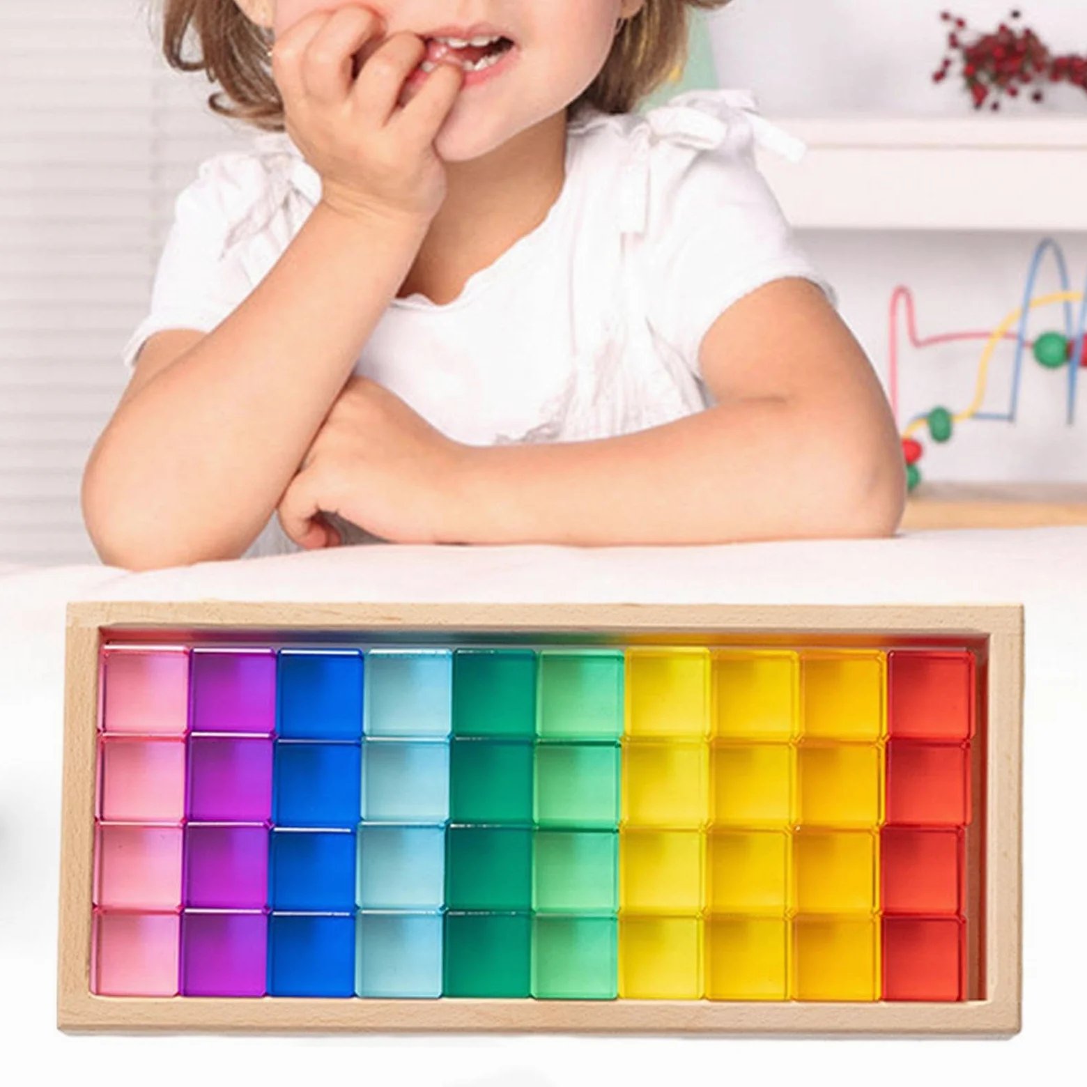 50 Pezzi Blocchi da Costruzione Cubi Arcobaleno Giochi Acrilico Trasparente con Scatola in Legno Adatto per Bambini Scuola, 40 Pezzi