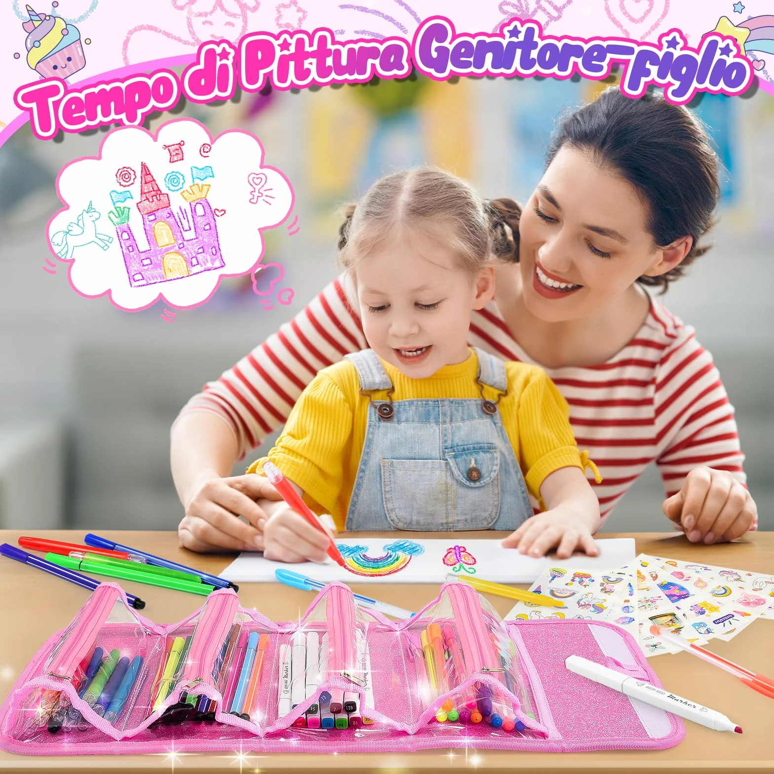 HappyGoLucky Valigetta Colori per Bambini Kit Disegno Acquerelli Pastelli Pennarello Impermeabile Rosa