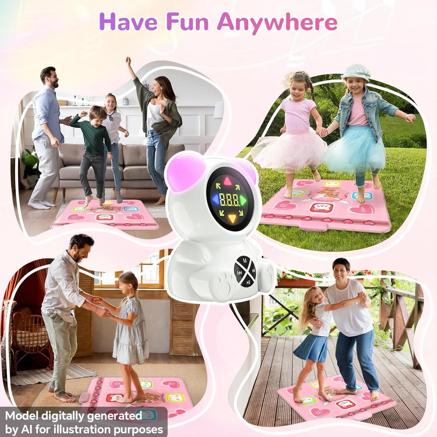 Tappetino da Ballo Ricaricabile con Bluetooth, Luci LED, 5 Modalità di Gioco per Bambine 3-12 Anni Rosa