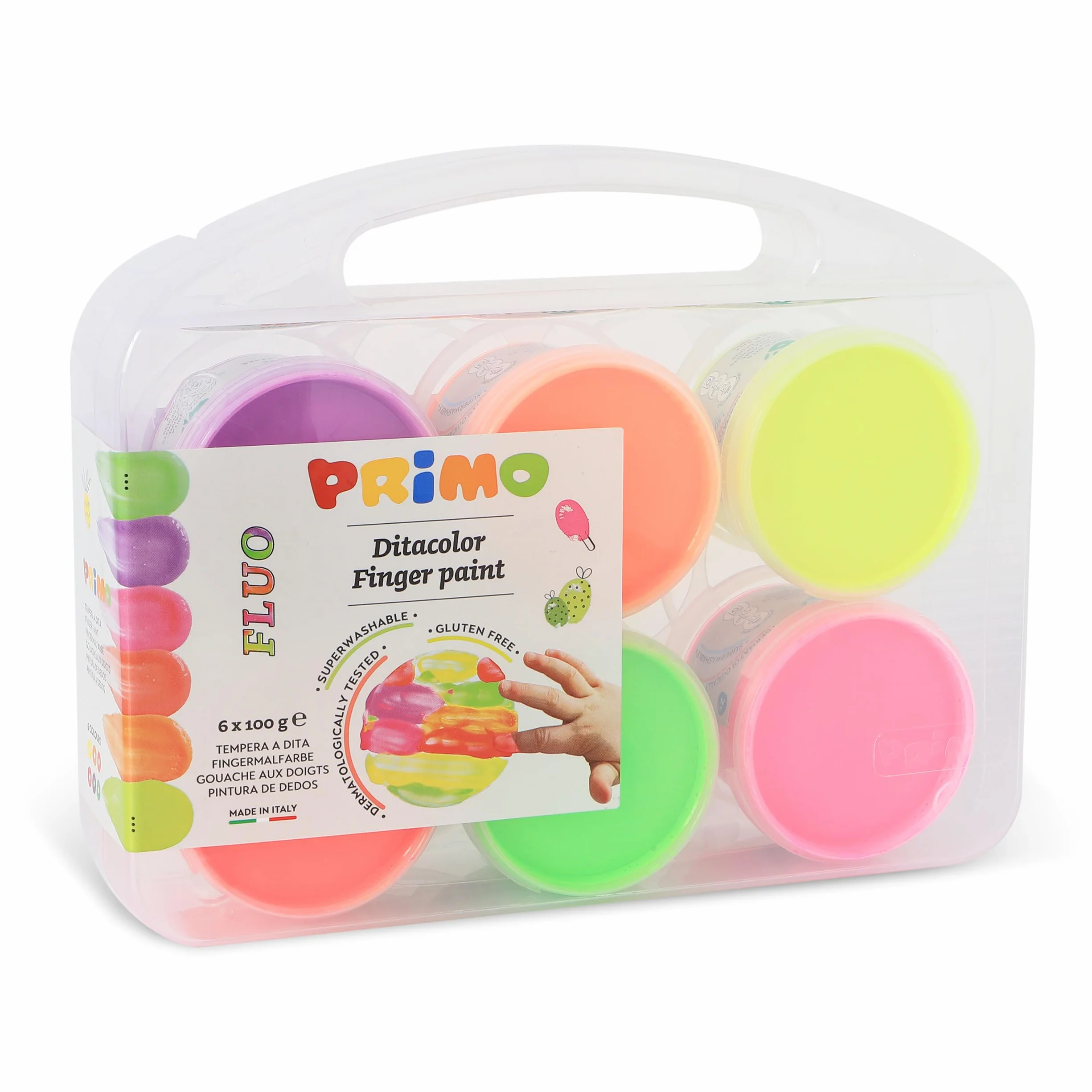 PRIMO - Valigetta Colori per Bambini +2 Anni Prima Infanzia, Tempere per Dipingere a Dita 100g 6 Colori Fluo per Carta Vetro, Tempera Pittura Cartoleria e Lavoretti Creativi Dermatologicamente Testata