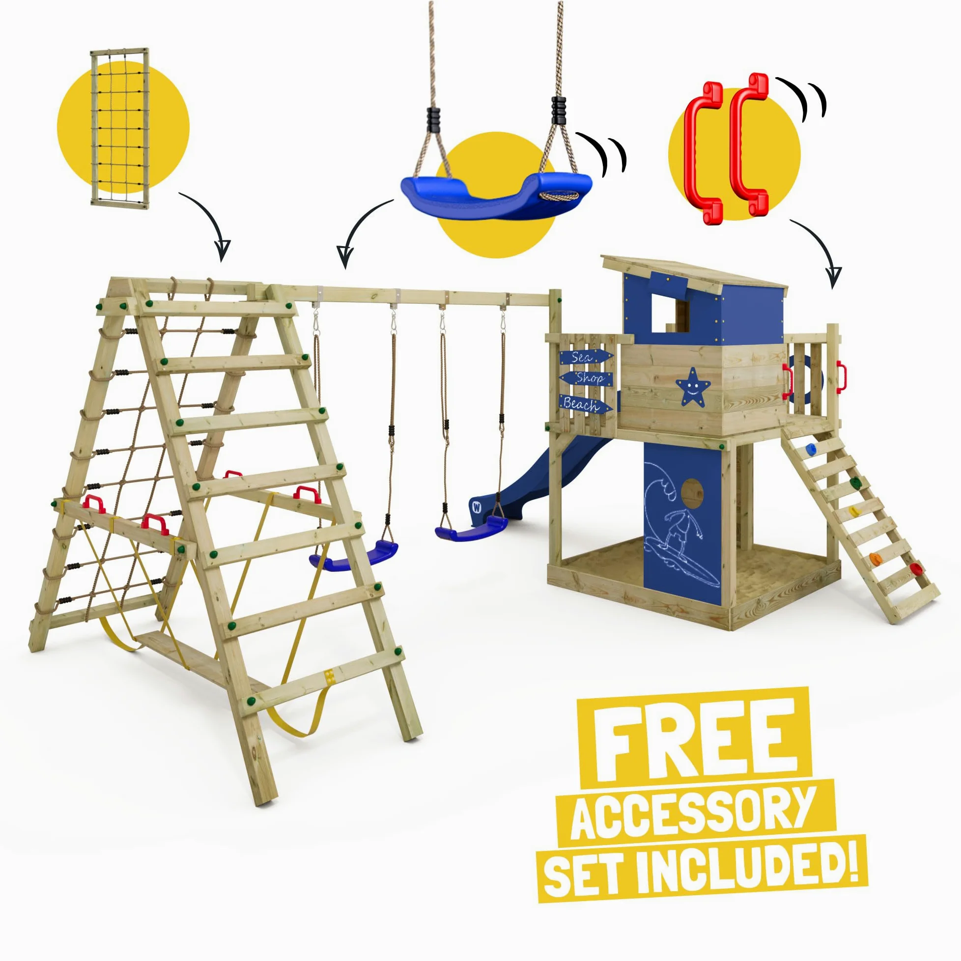 Gioco da giardino WICKEY Smart Surf con altalena e scivolo blu, struttura da esterno per bambini con sabbiera, scaletta e accessori da gioco