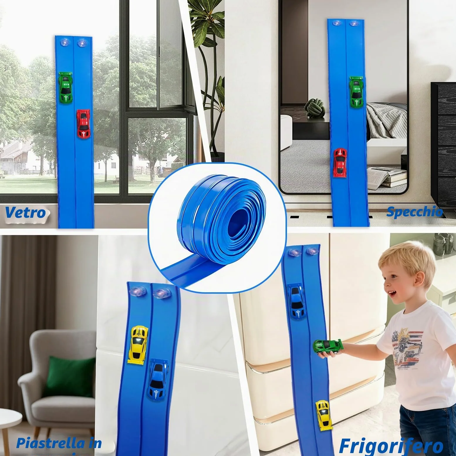 RedCrab Pista da Corsa Flessibile per Bambini, Lunga 5 m Pista da Corsa Flessibile con 4 Macchinine e 4 Ventose, Compatibile con Modellini di Auto Diecast in Scala 1:64