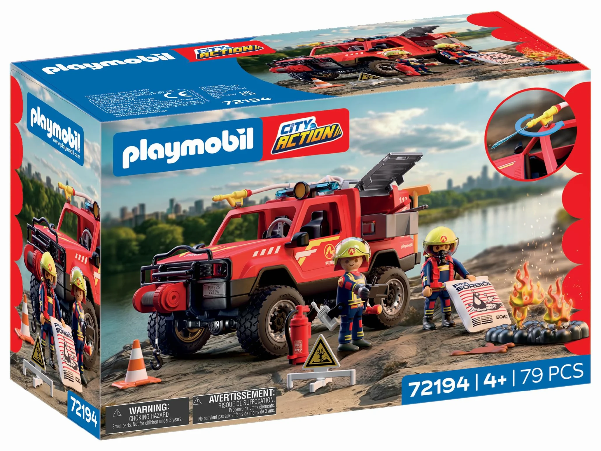 PLAYMOBIL | City Action | Pick-up dei pompieri | Veicolo fuoristrada con vera funzione di spruzzo d’acqua, verricello e accessori | Per bambini da 4 anni | 72194