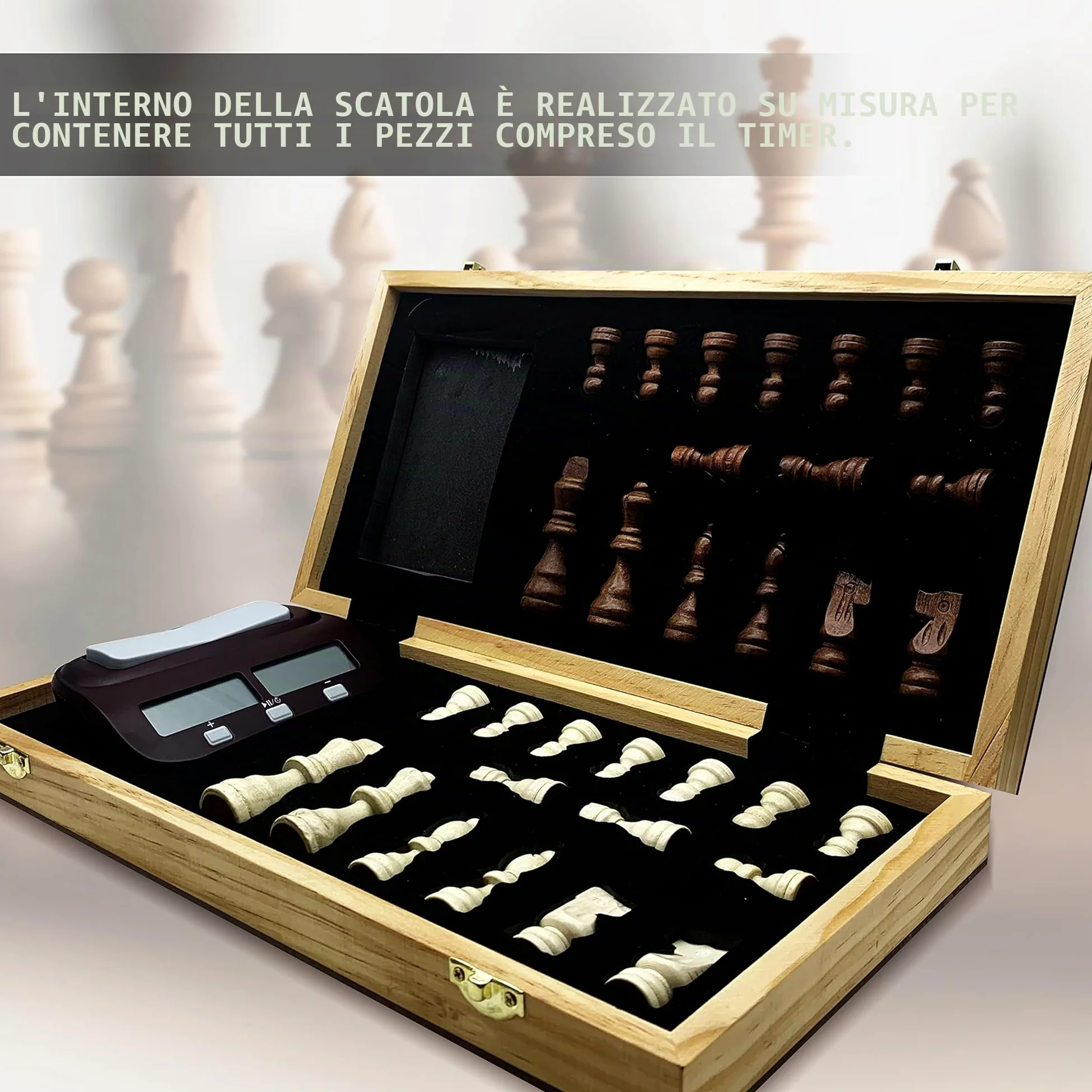 DOJA Barcelona | Scacchiera in Legno Pieghevole con Timer Digitale | 39x39 | Scacchiera Professionale Magnetica + Orologio Scacchi Ideale per Viaggio | Gioco da Tavolo portatile, per 2 giocatori
