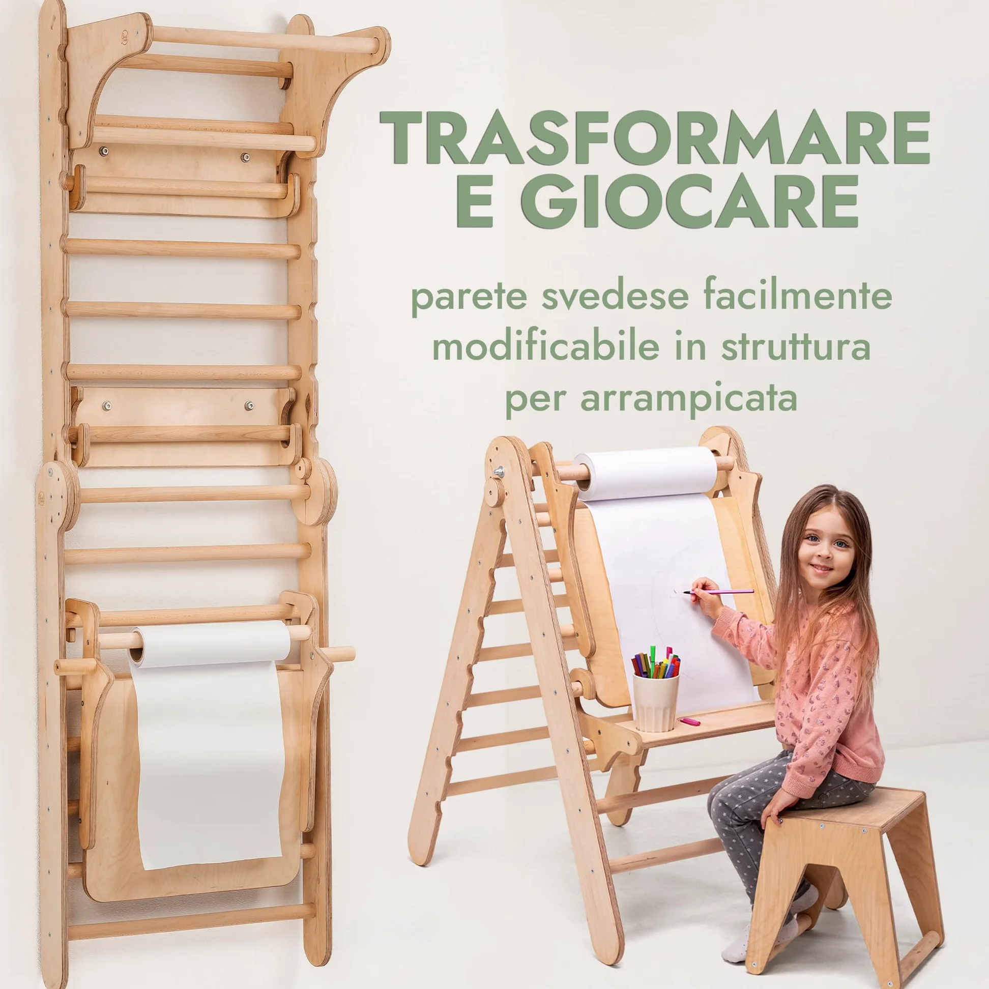 Goodevas Set da Parete Svedese 6 in 1 e Scivolo per Bambini, Versatile, Scala da Arrampicata, Altalena e tavola Scorrevole, Attrezzatura da Gioco Ideale per Interni, per Bambini da 2 a 12 Anni