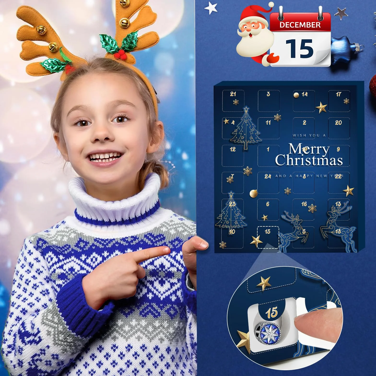 Calendario dell'Avvento 2025 Donna Gioielli Bracciale,Calendario Avvento Ragazza Sorprese Regali,Bambina Natalizi Ciondoli Kit 2 Catene 22 Charms Accessori fai da te Perline Blue