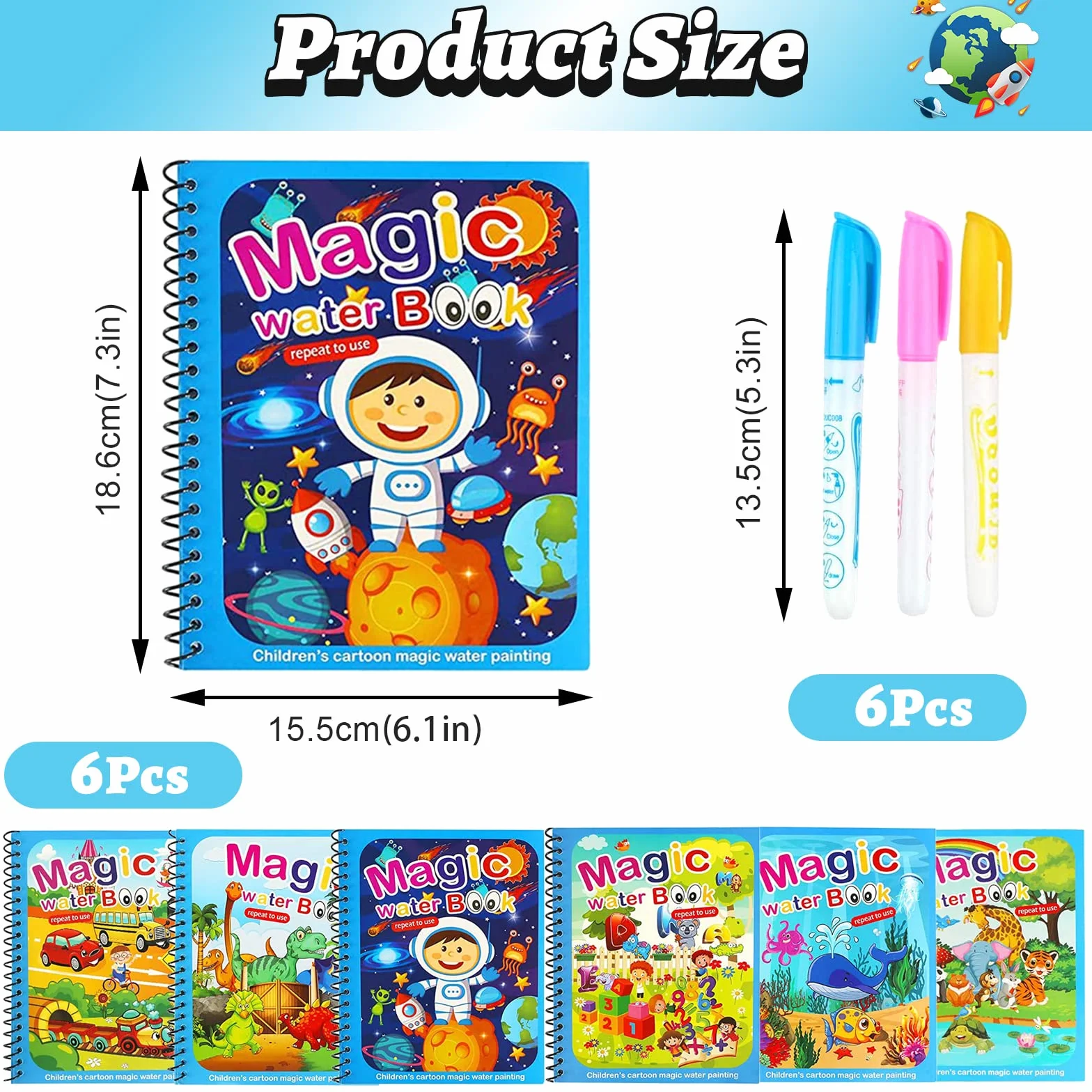 Libri per pittura ad acqua per bambini, 6 pezzi, libro magico da colorare ad acqua, riutilizzabili, con 6 penne magiche, giocattoli da viaggio per bambini in aereo