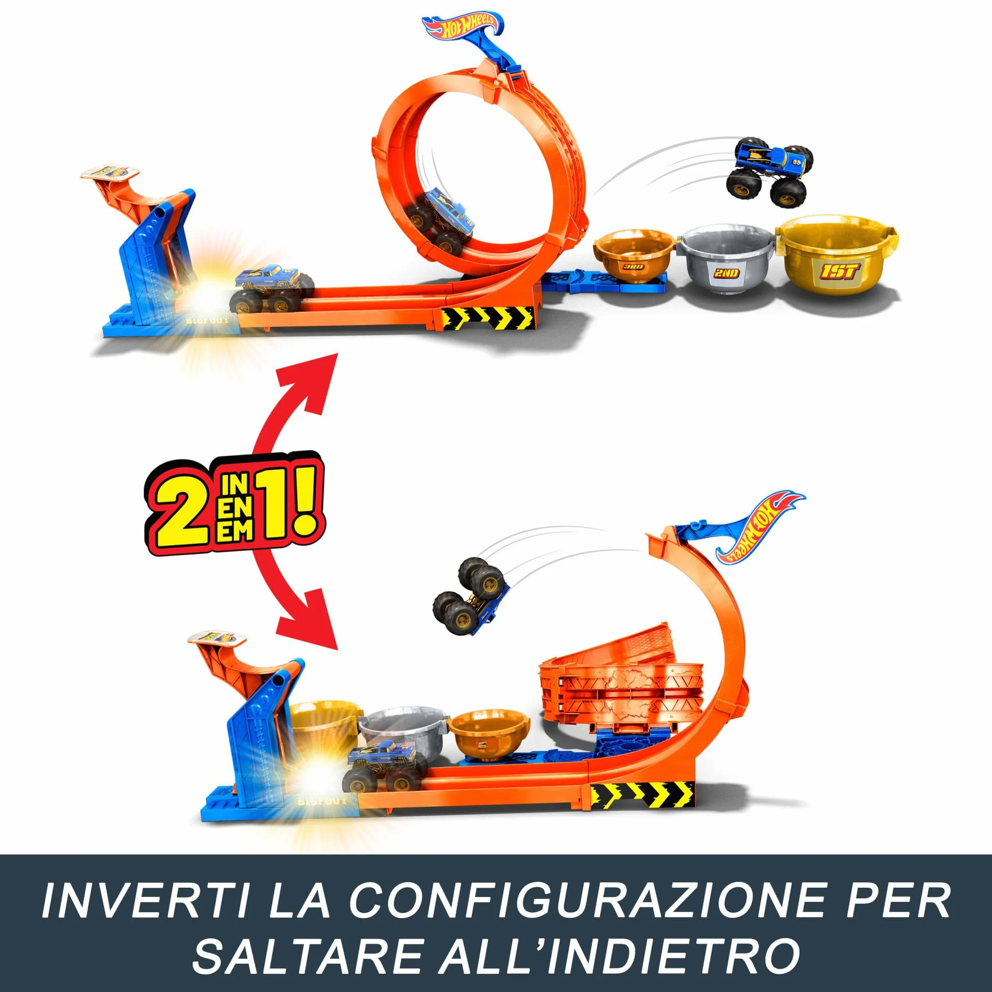 Hot Wheels Monster Trucks - Sfida Trofeo Gira e Capovolgi, playset con 2 modalità di gioco, pista e truck Bigfoot 50° anniversario incluso, giocattolo per bambini, 4+ anni, JBX64