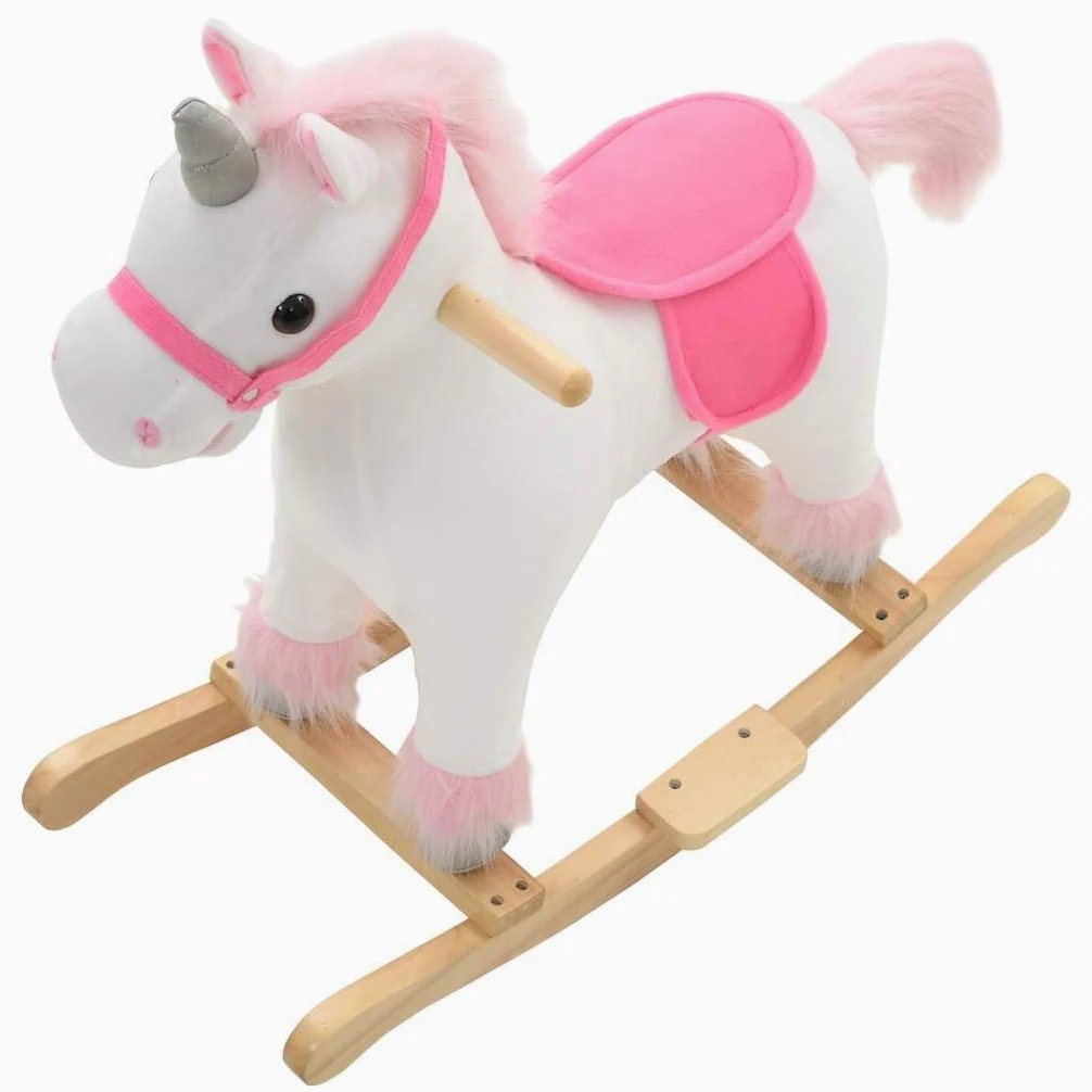 Unicorno a dondolo per bambini dai 2 anni in su, cavallo a dondolo in peluche con base in legno e telaio in metallo, morbido giocattolo a dondolo, bianco e rosa