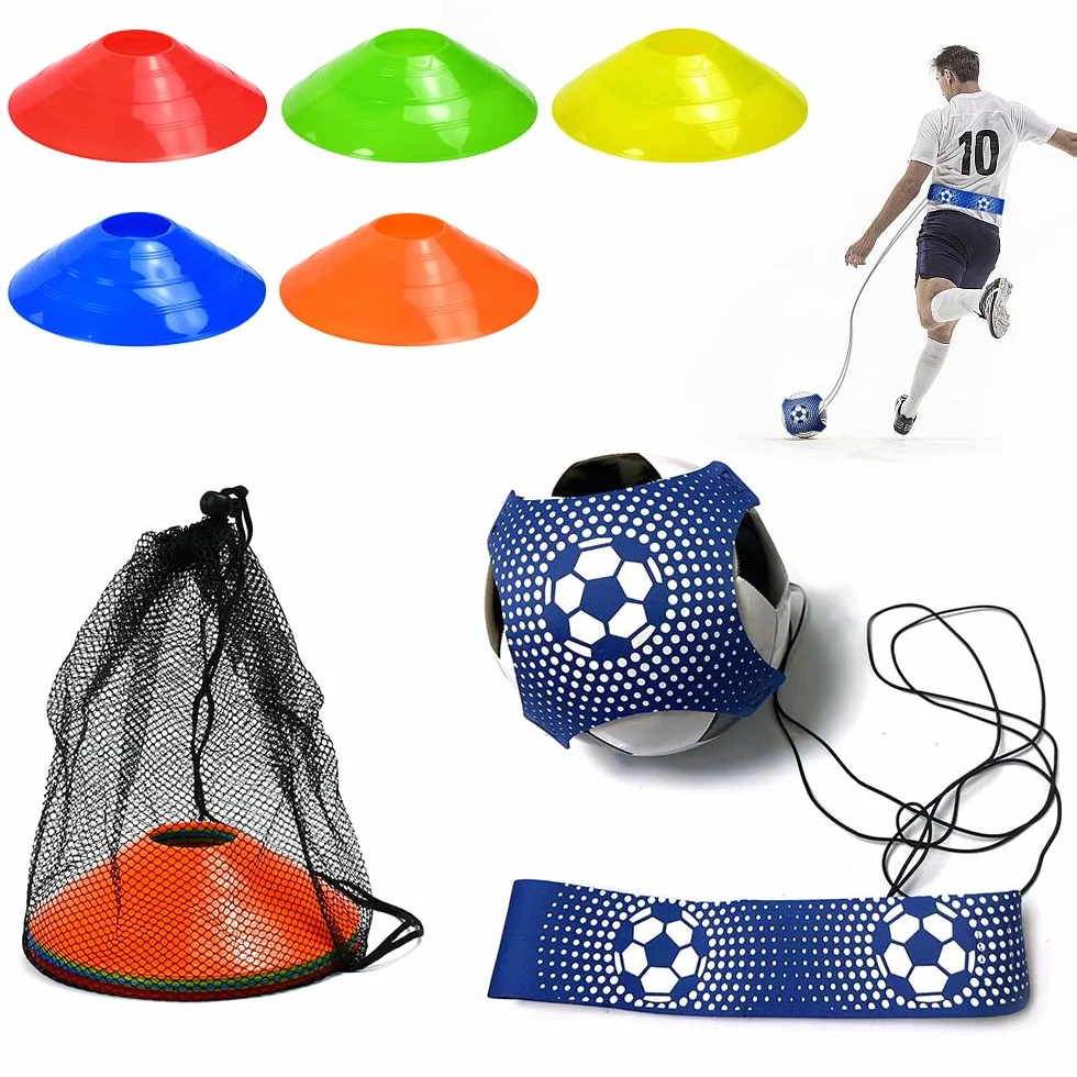 Cintura da Allenamento da Calcio con 10 Pz Coni da Allenamento,Set di Attrezzatura da Allenamenti da Calcio con Tasca a Rete per Bambini e Adulti, Pratica Efficace di Tiro e Passaggio
