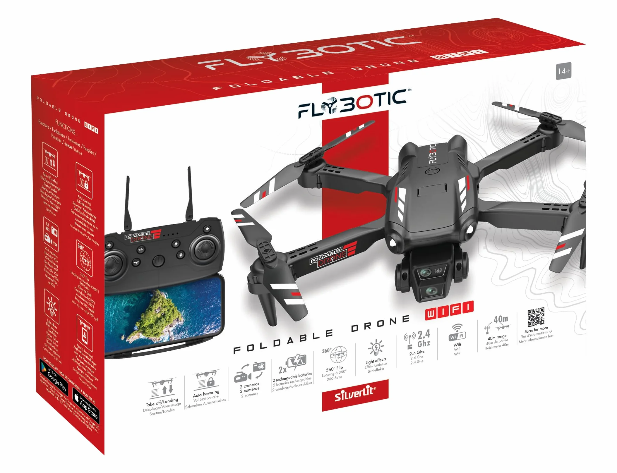 Flybotic – Drone Foldable Wifi – Drone Pieghevole con Fotocamera e Trasmissione Video in Diretta – Decollo & Atterraggio Automatico – Volo Stazionario – RC Principianti Bambini/Adolescenti