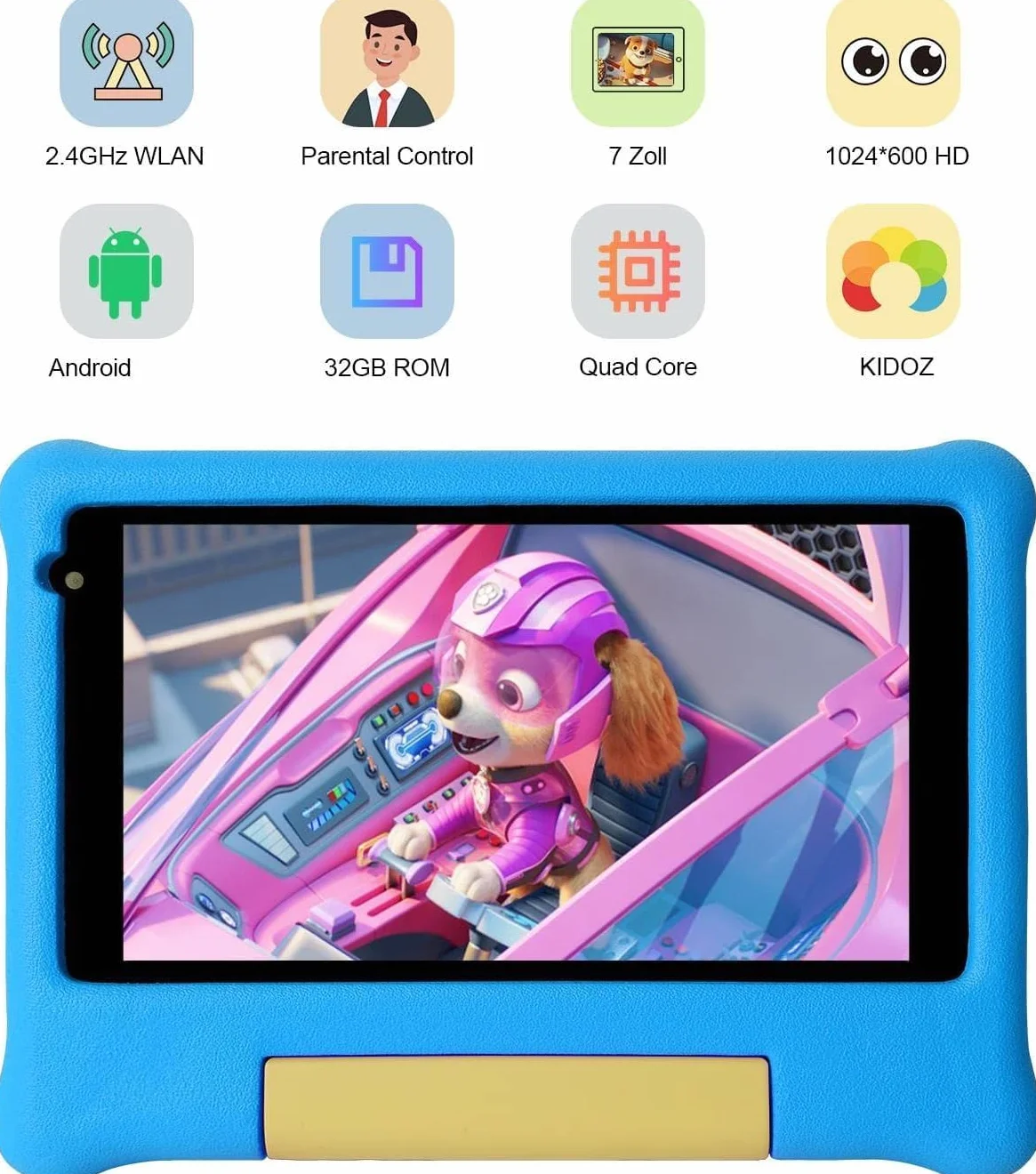 HotLight Tablet Bambini 7 Pollici Kids Tablet con Controllo Parentale, Android 13 Tablet, Quad-core Processore Doppia Fotocamera, Wifi Bluetooth, Tablet per Bambini con Custodia(Blue)