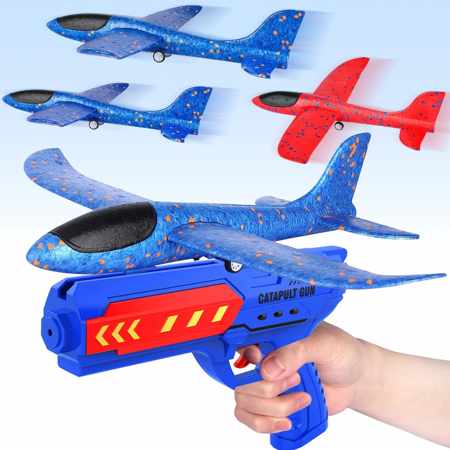 Aereo Polistirolo con Pistola Catapulta, 4 Pezzi Aereo Giocattolo, Aereo in Schiuma Giocattolo Giochi Giardino Esterno, Aliante Aeroplano Schiuma Giochi Bambini 3-8 anni