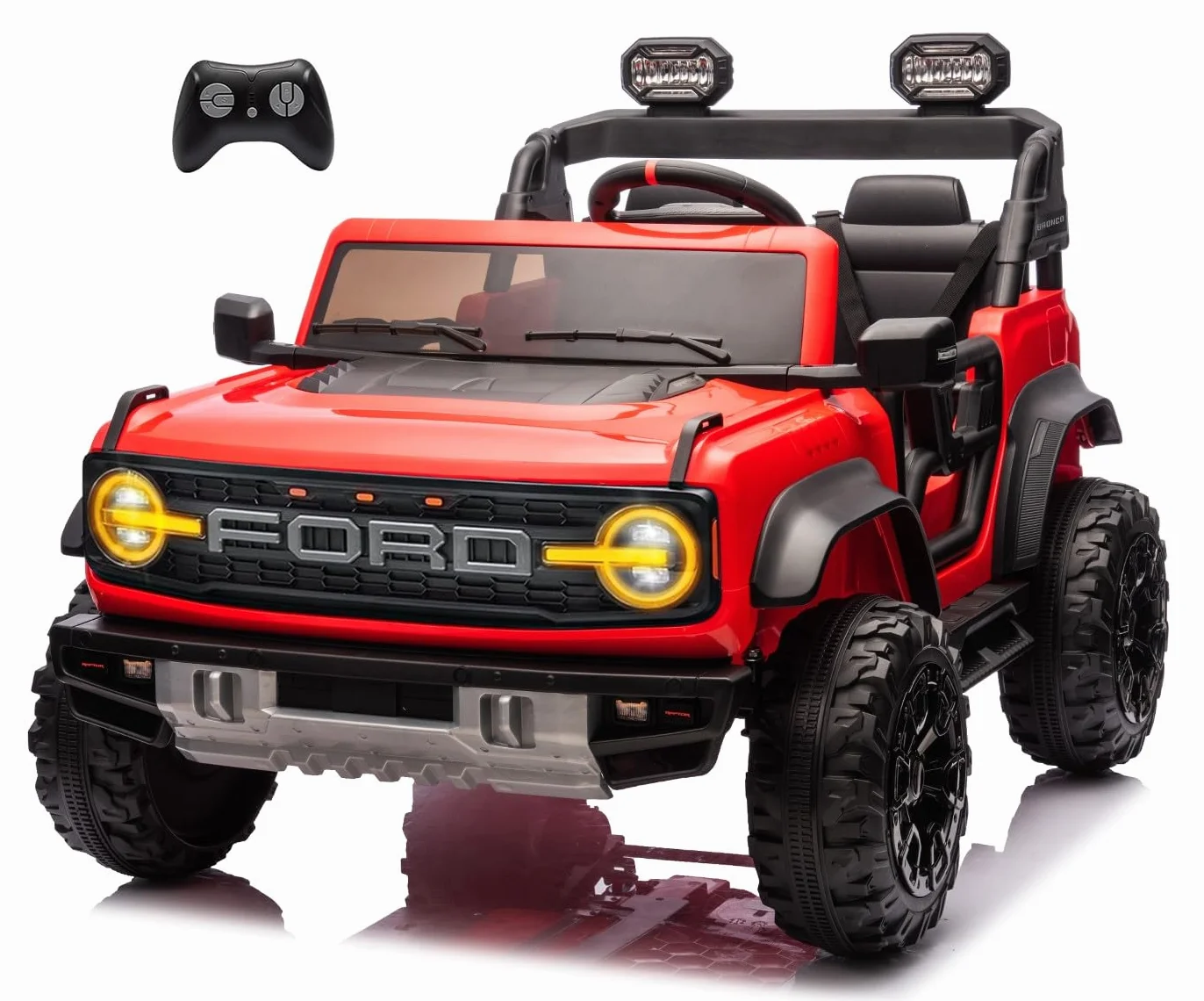 Ford Bronco Raptor 24V Maxi Fuoristrada Auto Elettrica Bambini 2 Posti Telecomando Luci LED Bluetooth Carico 60 kg Rosso