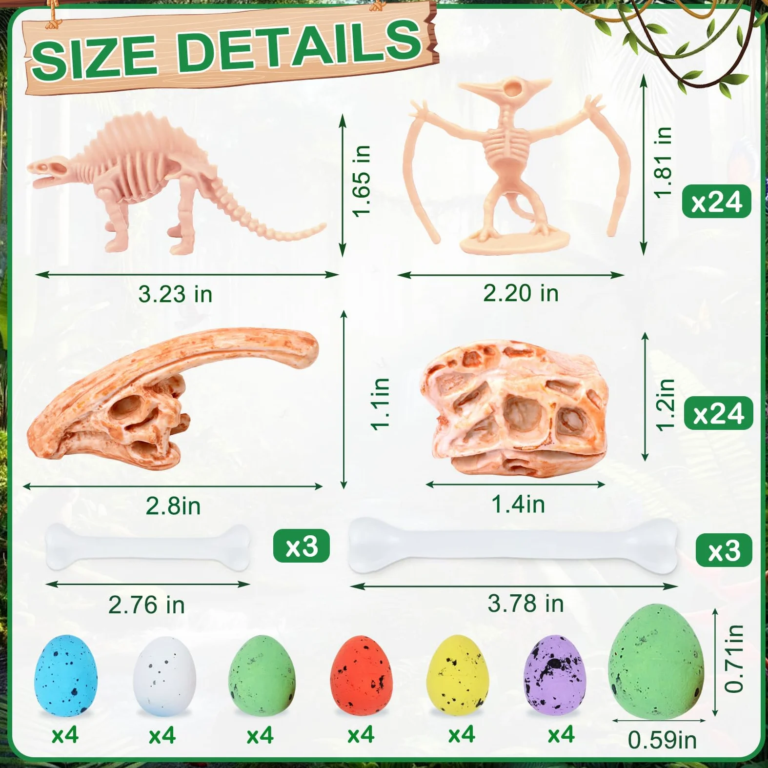 66 pezzi di osso di dinosauro da 9,4 cm per sandbox, 24 scheletro fossile, 12 teschio di plastica, 24 mini uova di dinosauro, 6 ossa, scavo di sabbia per cestino sensoriale, festa di compleanno