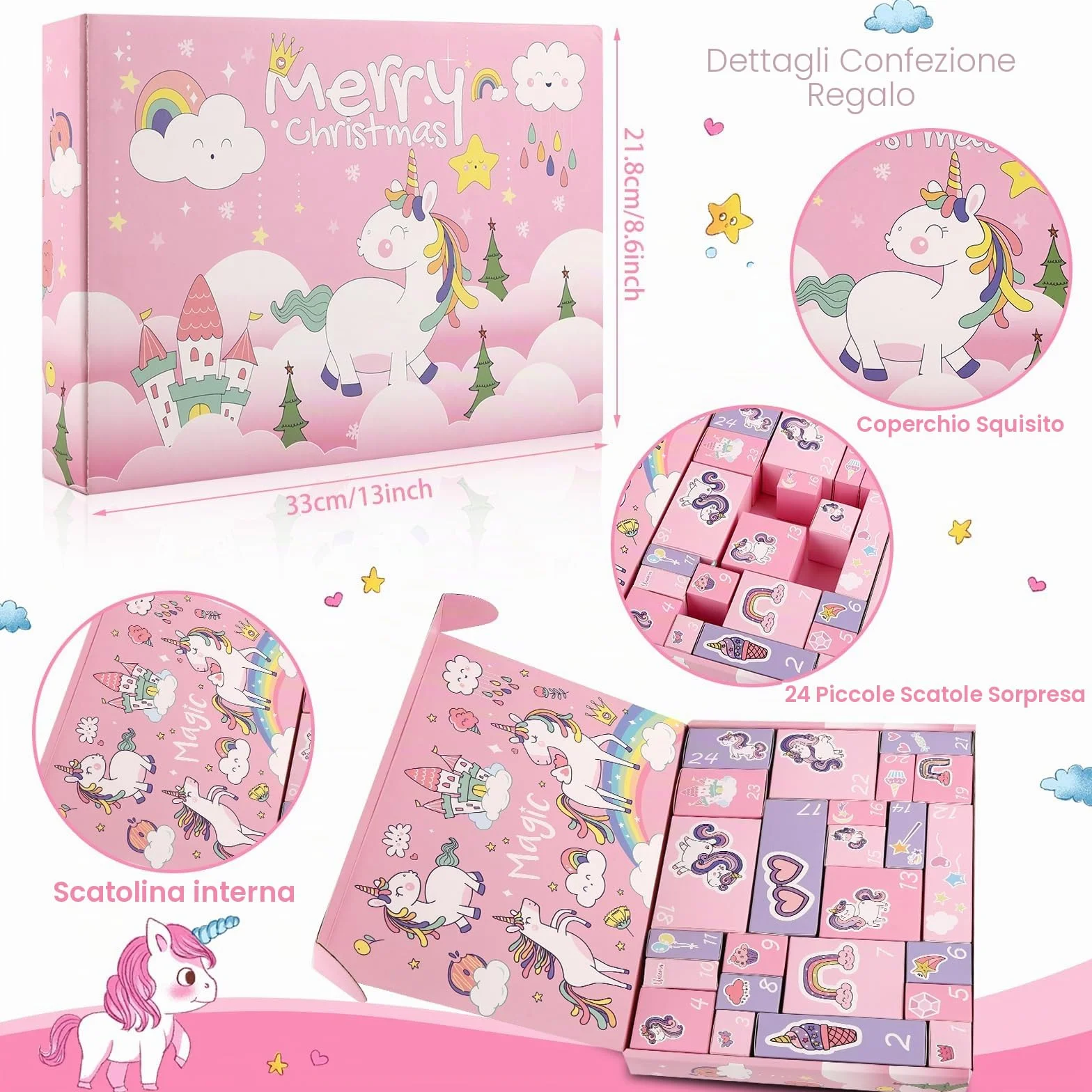 Calendario Avvento Bambina, Regalo di Natale con 24 Giorni di Sorprese, Regali Unicorno per Bambine e Bambini, Inclusi Giocattoli e Accessori per Capelli