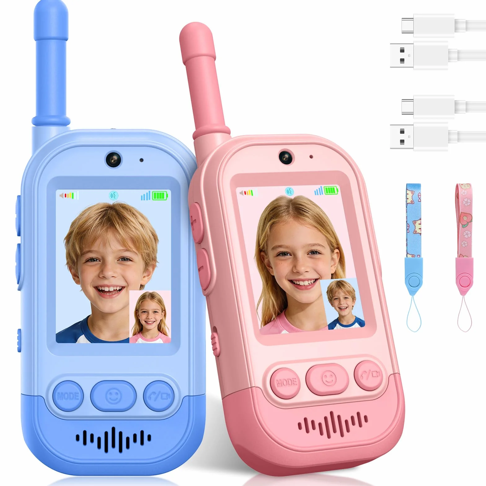 Gofunly Video Walkie Talkie Bambini Set da 2 Ricaricabili Interfono Video Giochi Interni Esterni Rosa Blu