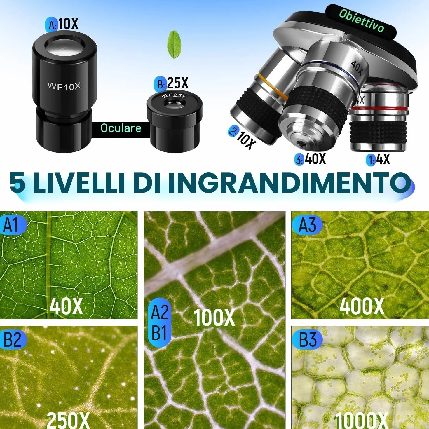 Cowiewie Microscopio Binoculare professionale a trasmissione e riflessione 40X-1000X per luce incidente e trasmessa, con oculare e illuminazione a LED, microscopio per studenti con vetrini