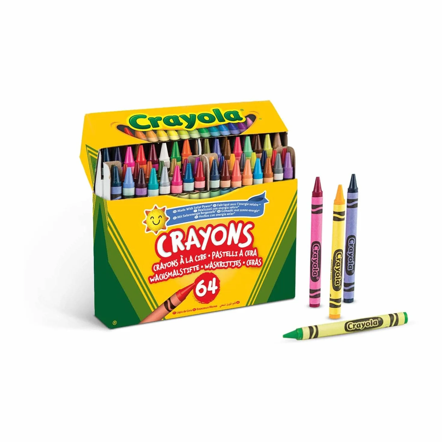 CRAYOLA Pastelli a Cera, Confezione da 64 crayon, Temperino Incluso nella Confezione, per Scuola e Tempo Libero, 64 Colori Assortiti, Realizzati con Energia Solare, 52-6448