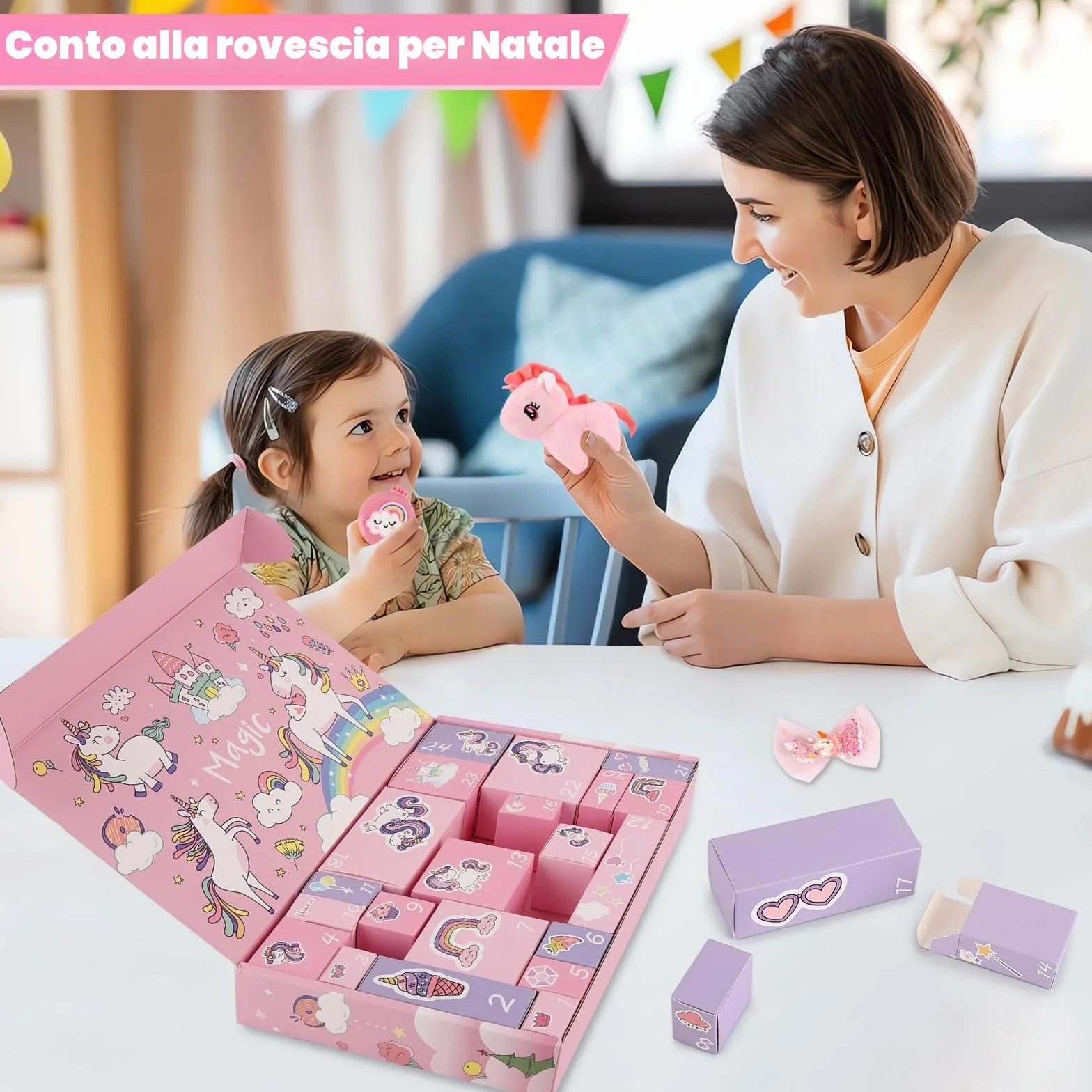 Calendario Avvento Bambina, Regalo di Natale con 24 Giorni di Sorprese, Regali Unicorno per Bambine e Bambini, Inclusi Giocattoli e Accessori per Capelli