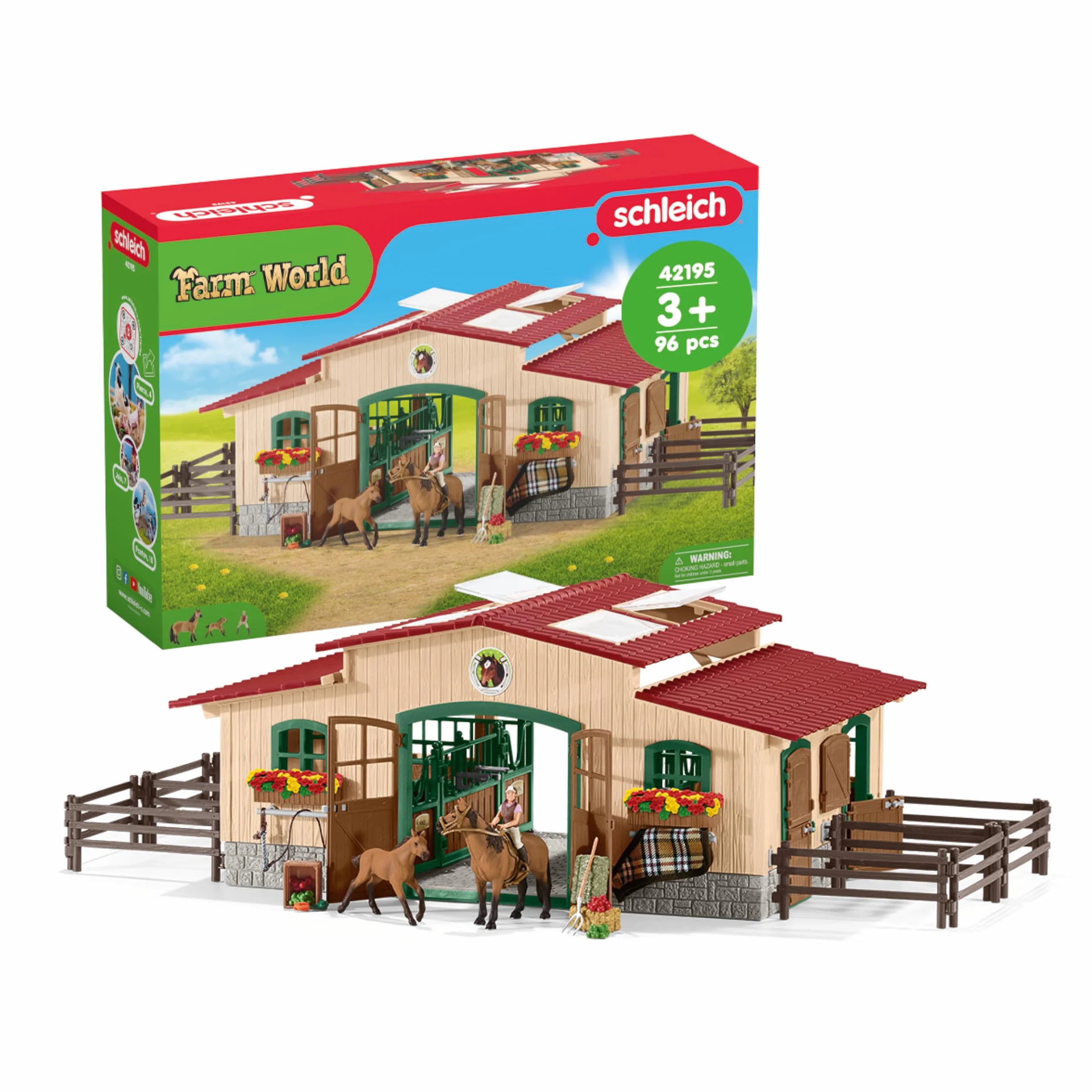Schleich FARM WORLD | Scuderia con cavalli e accessori 42195 | dai 3 anni | Set con scuderia, paddock, 2 cavalli, figura ragazza e accessori | Giocattolo fattoria da 3 anni | 96 pezzi | Esclusiva Amazo
