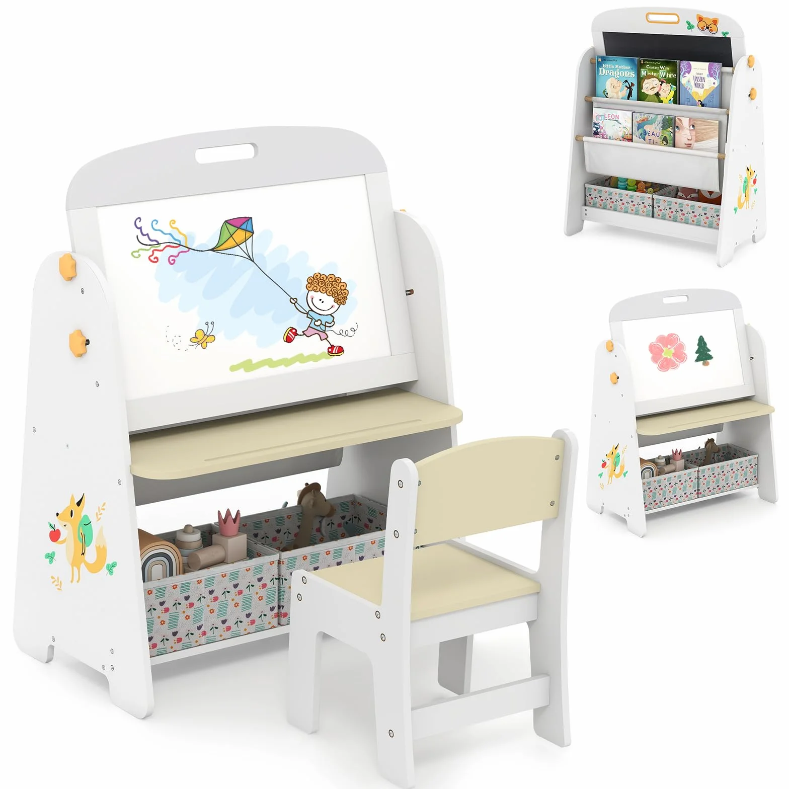 HOMASIS 4 in 1 Set di Tavolo Artistico per Bambini con Sedia, Scrivania, Lavagna Magnetica, Lavagna Nera e Scaffale, Cavalletto Regolabile in Angolo con Gomma e 5 Gessetti (Naturale)
