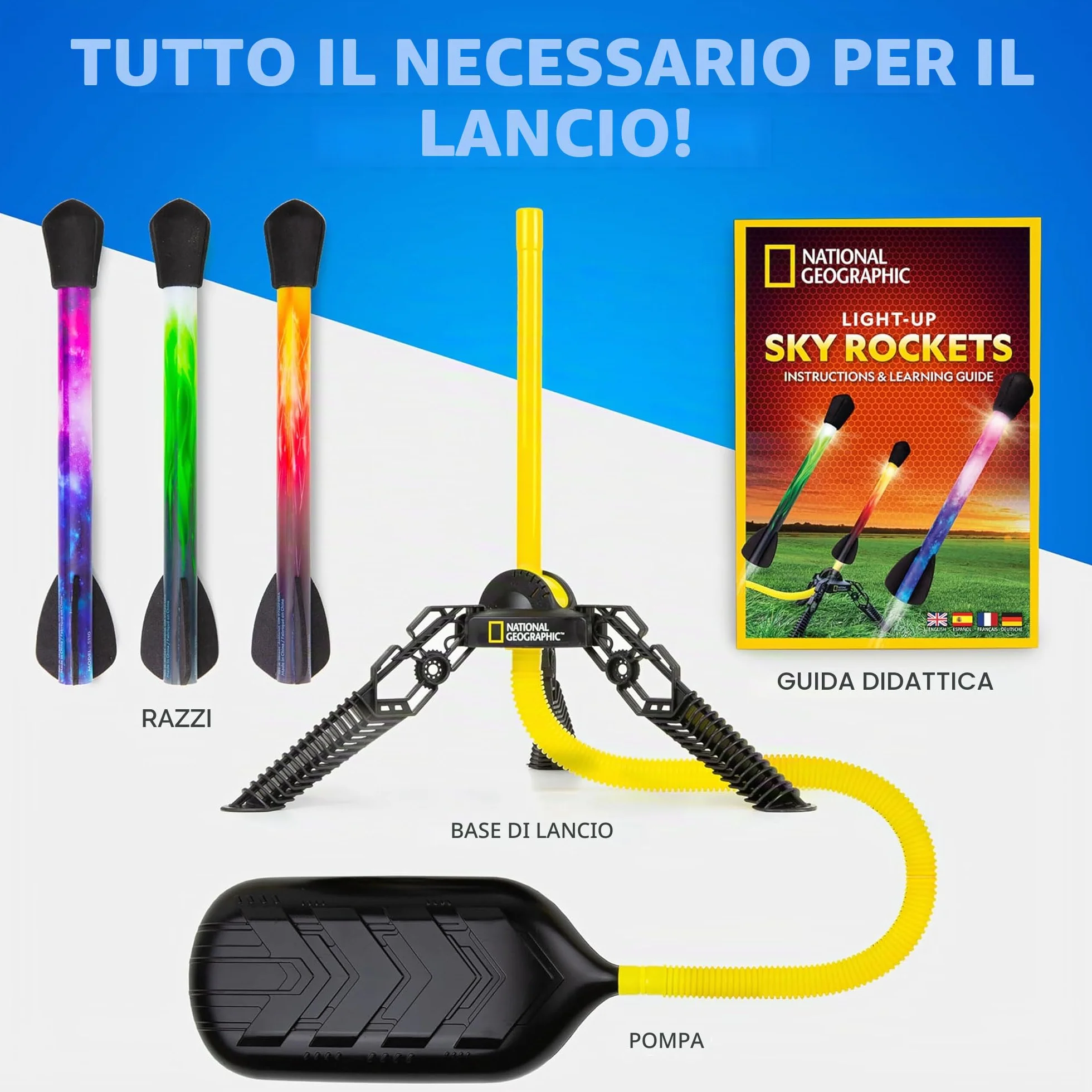 National Geographic Razzo ad Aria per Bambini – Lanciatore di Razzi LED, Salta e Lancia Razzi in Schiuma Fino a 30,5 Metri, Giochi all'Aperto