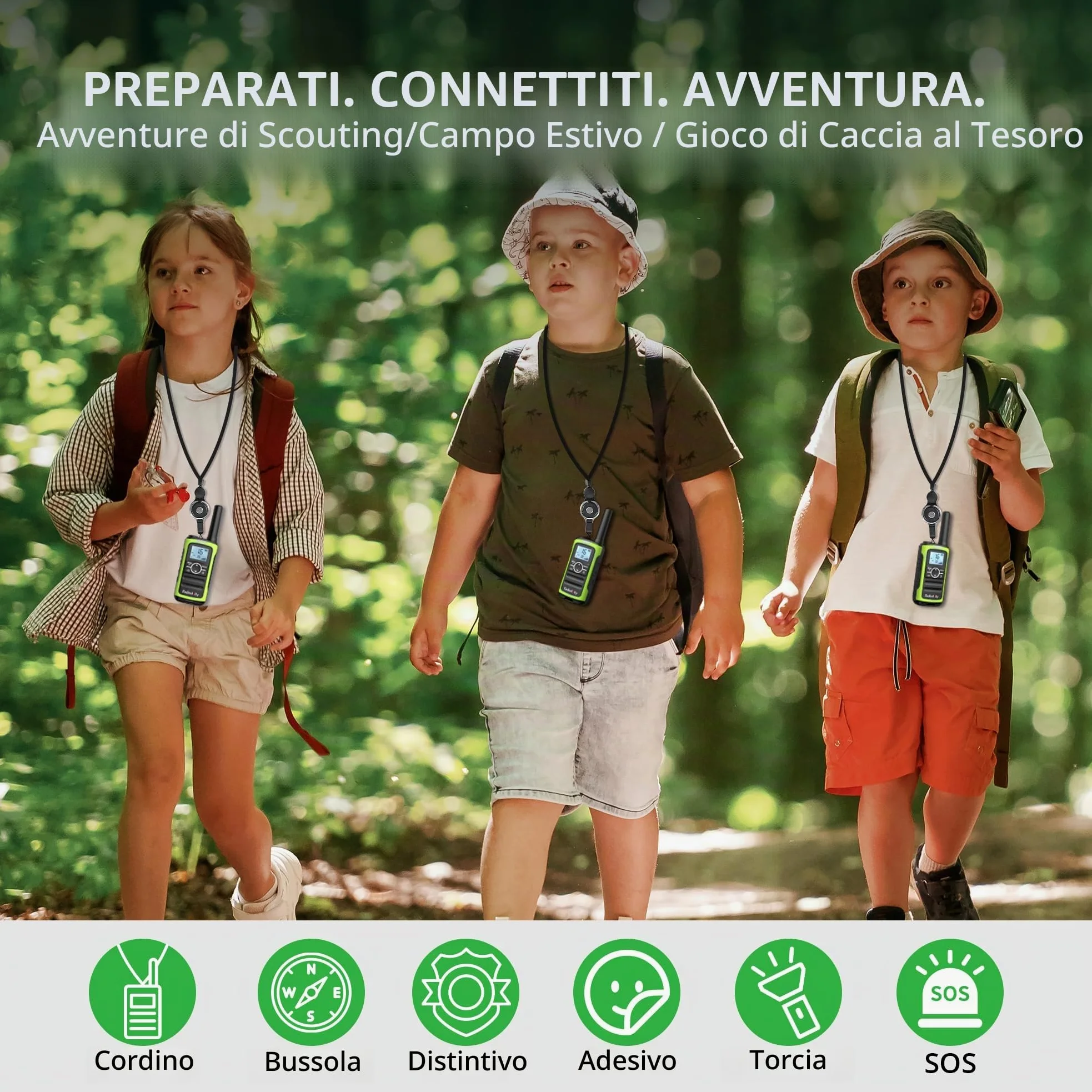 Radioddity PR-T8 Walkie Talkie per bambini, radio PMR446 ricaricabile a lungo raggio con chiamata di gruppo, batteria da 2000 mAh, ricarica USB-C, per escursionismo e campeggio, confezione da 3 pezzi