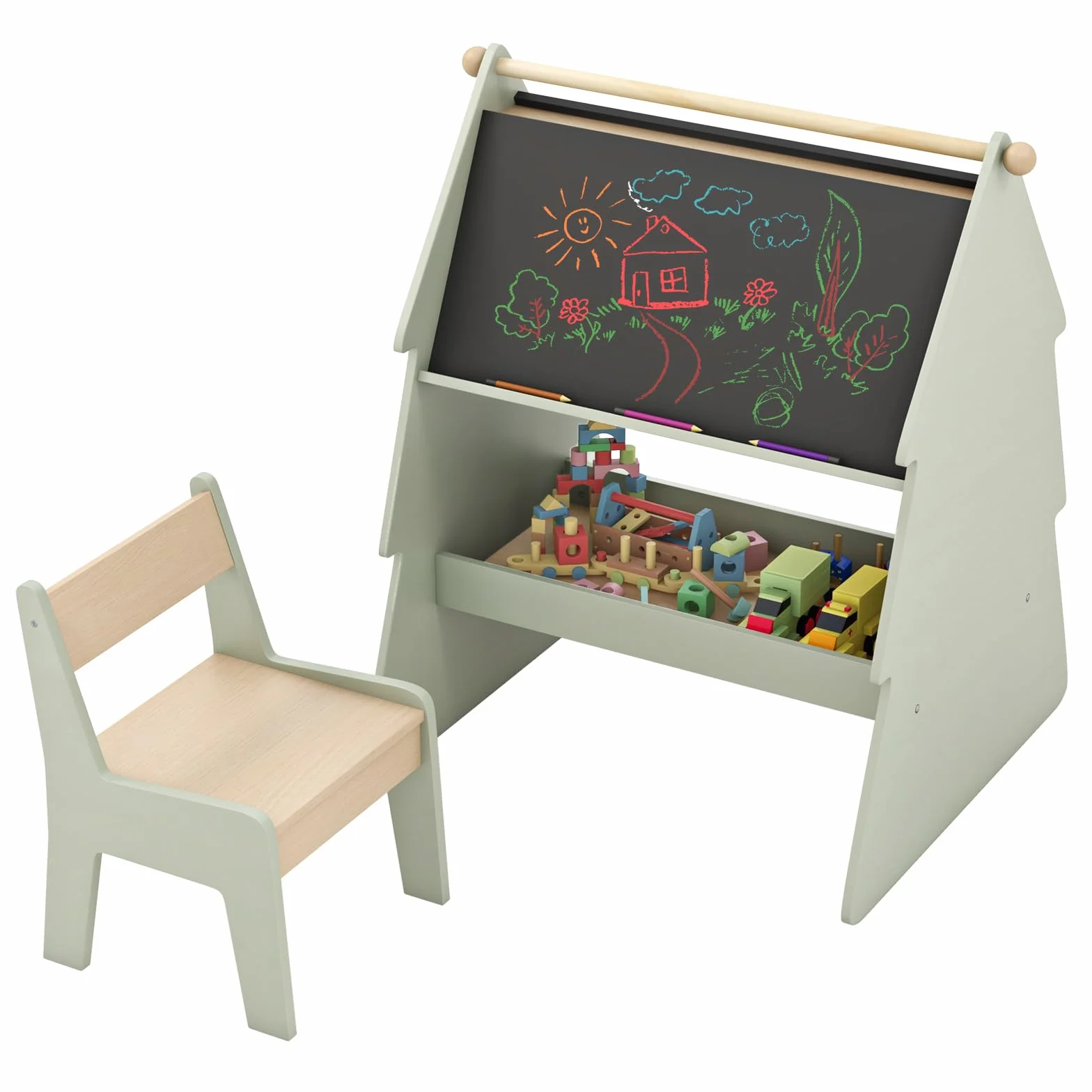 RELAX4LIFE 2 in 1 Lavagna per Bambini Bifacciale, Set di Cavalletto Artistico a Forma di Albero con Sgabello, Rotolo di Carta, Scaffale di Stoccaggio, 68 x 60 x 80 cm, per Bambini 3+ Anni