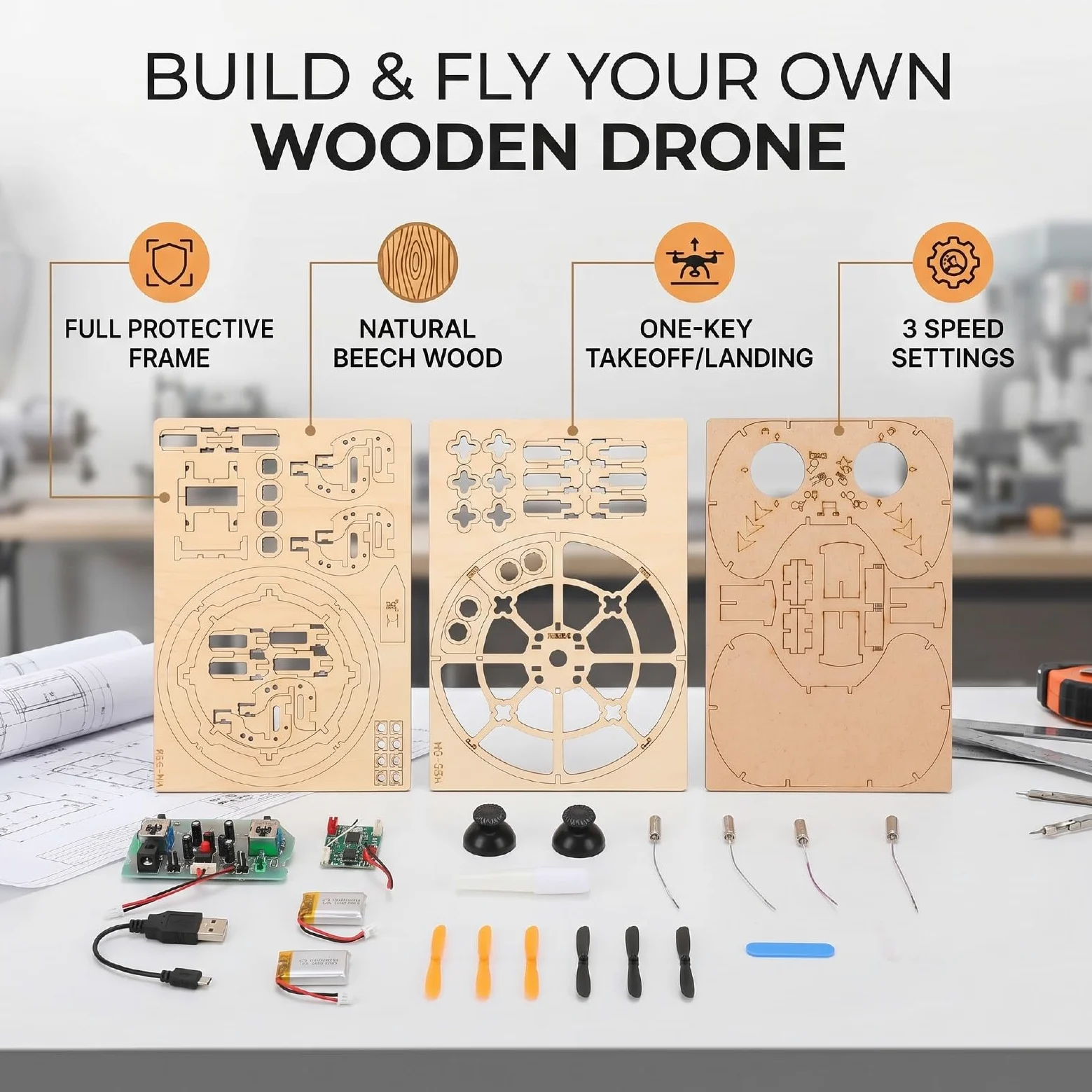 Annadue Kit di Costruzione Drone in Legno Fai da Te Puzzle 3D STEM RC Quadcopter con una Chiave di Decollo 3 velocità e Arresto di Emergenza Giocattolo Scientifico Educativo per Bambini