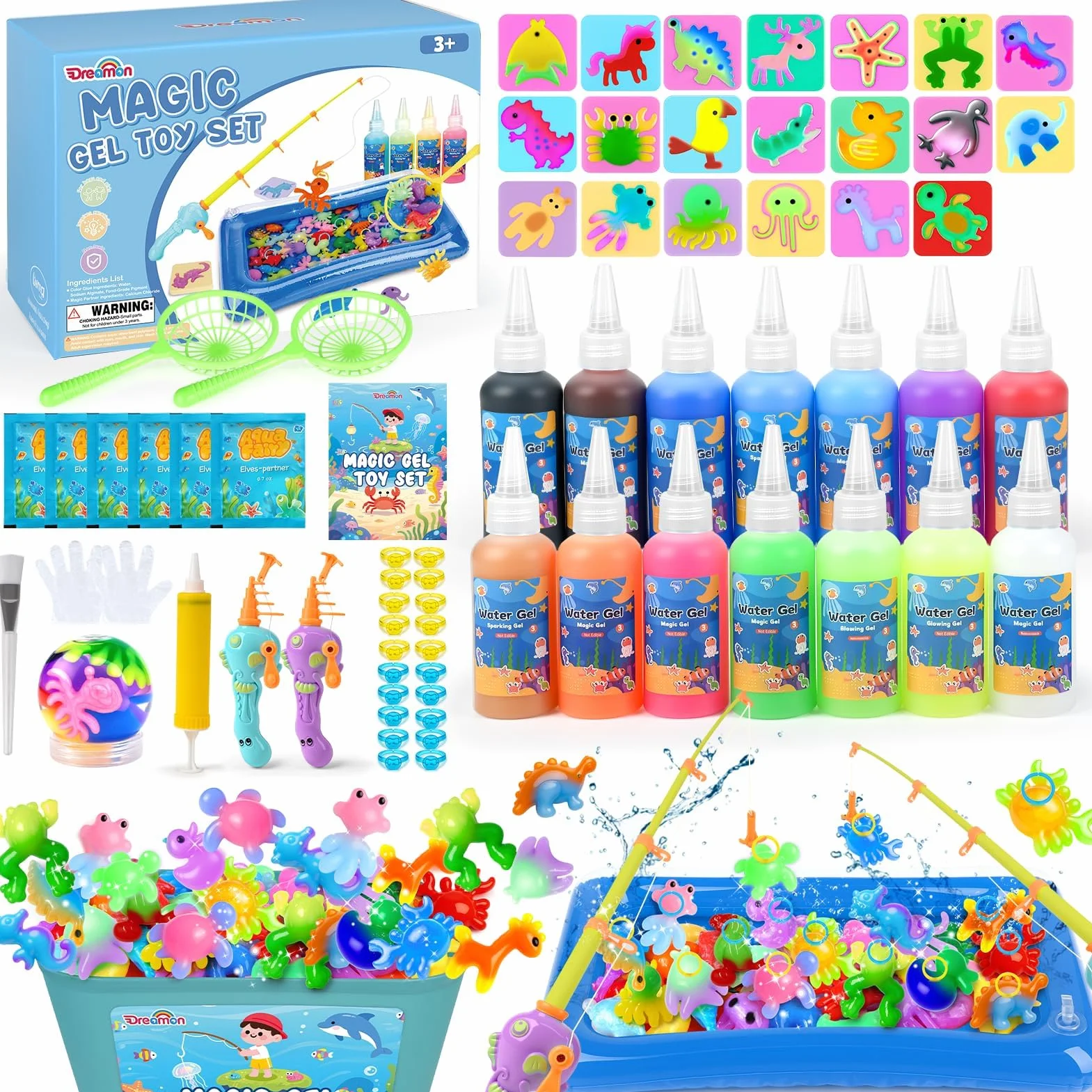 Dreamon Aqua Gelz Set, 71PCS Magic Jelly Set con 14 Gel Colorati, 2 Canne da Pesca, Giocattolo Educativo per Bambini 3+ Anni, Regalo DIY Ragazzi e Ragazze