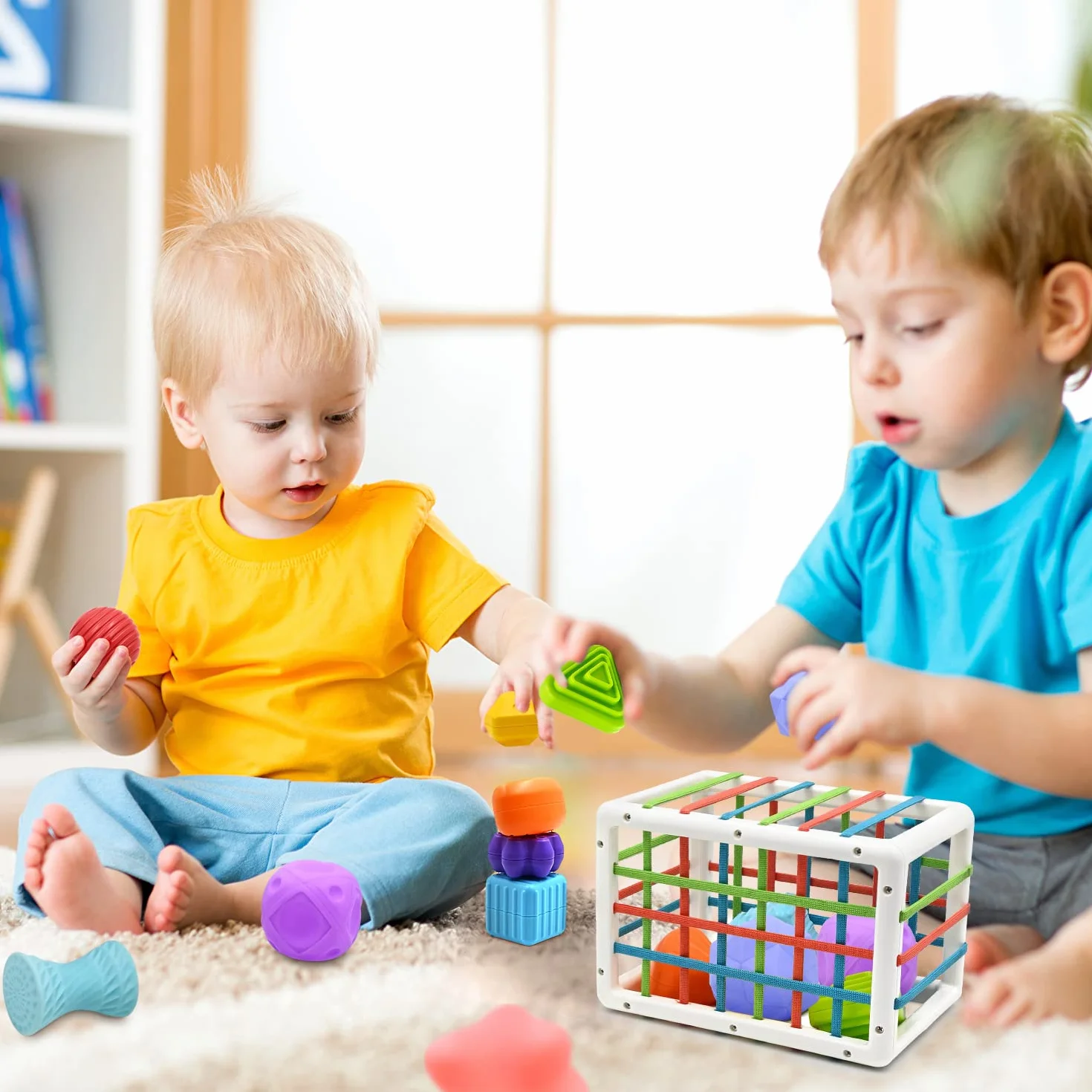 Montessori Giocattolo Selezionare Forme 12-24 Mesi Bambino Casella Smistamento Sensoriale Elastici 6 Pezzi Palle Struttura