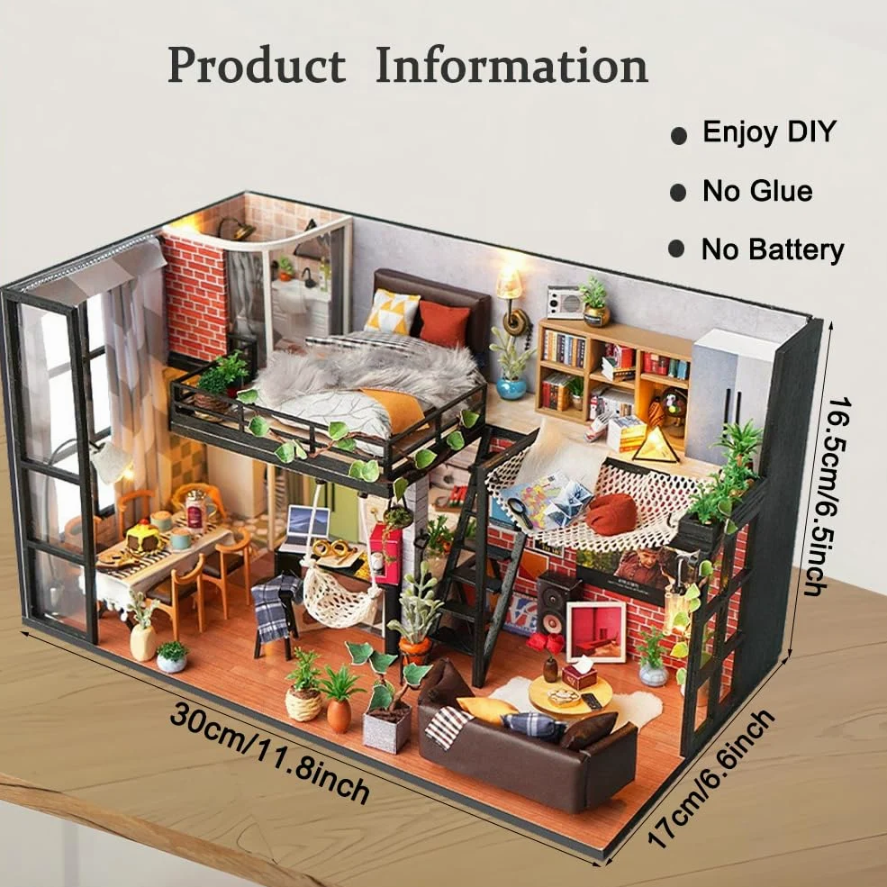 Kit fai da te in miniatura per casa delle bambole con copertura antipolvere, kit fai da te per casa delle bambole in legno per stanza creativa, mini kit di costruzione per adulti