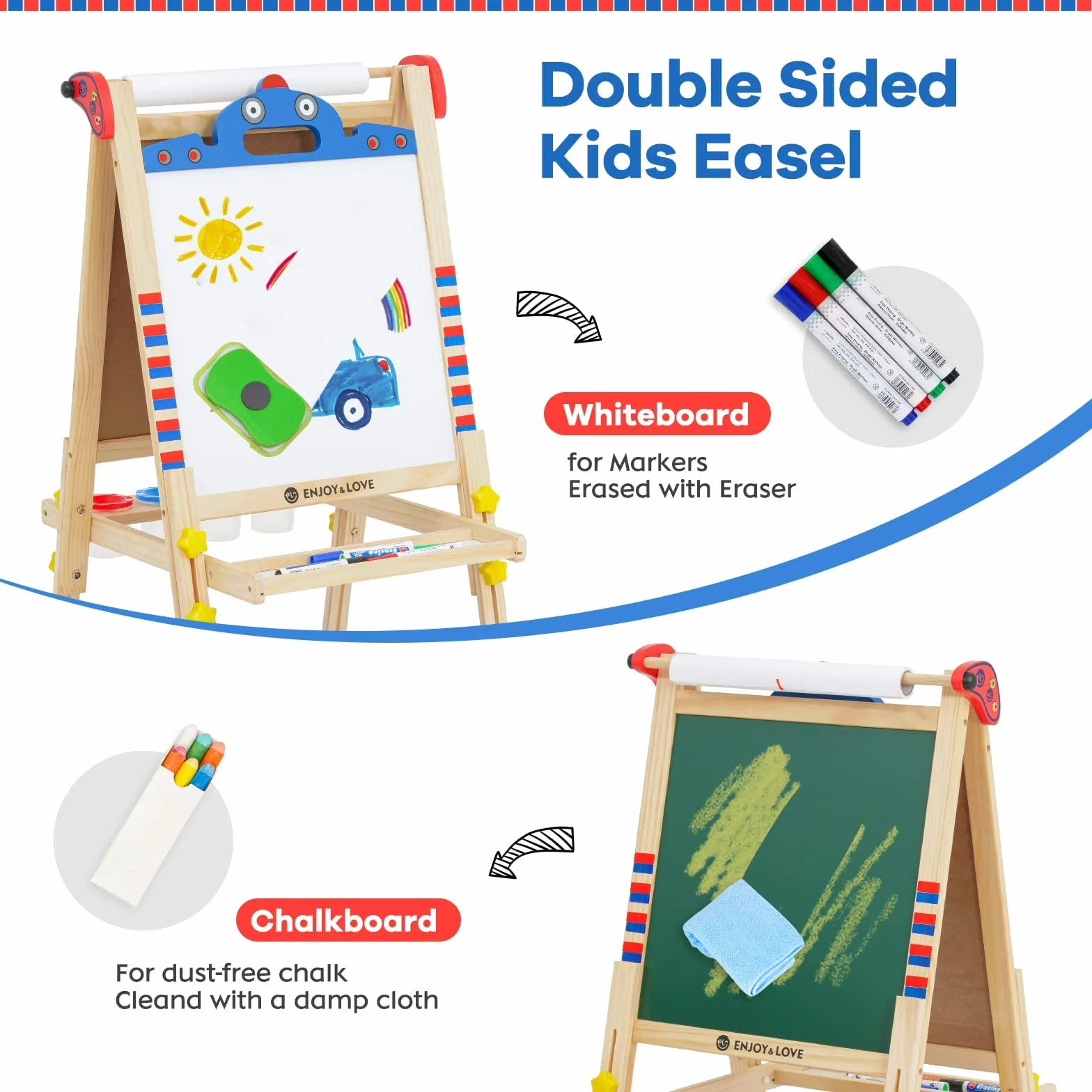 Lavagna da gioco per bambini in legno, cavalletto 3 in 1, regolabile in altezza con rotolo di carta, lavagna, adesivi per cartoni animati e 4 ciotole per colorare ricchi accessori (forma robotica)