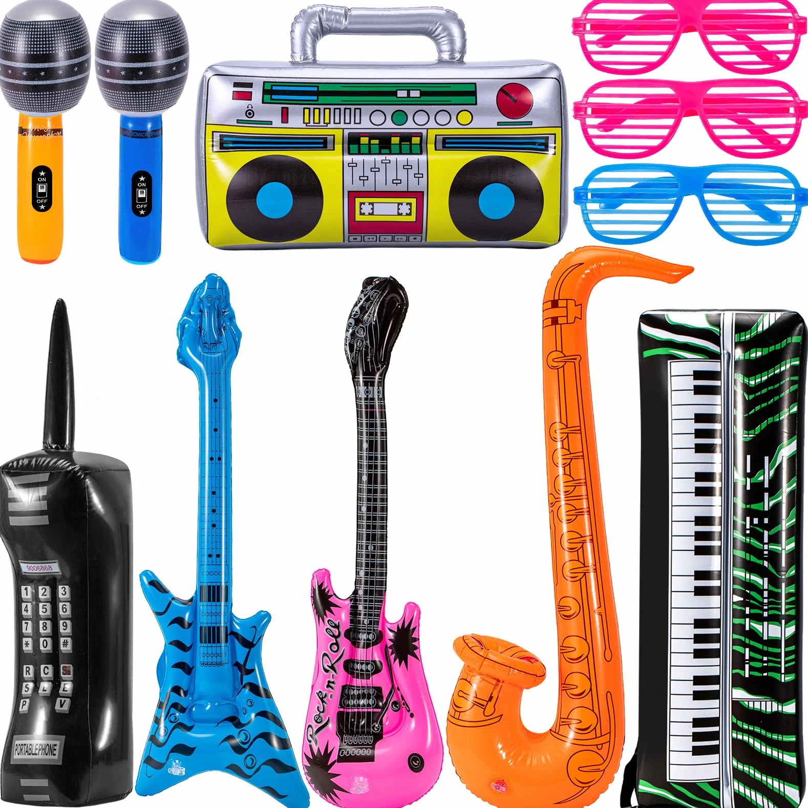 Zestaw 11 instrumentów nadmuchiwanych Rock Star, akcesoria muzyczne lata 80 90