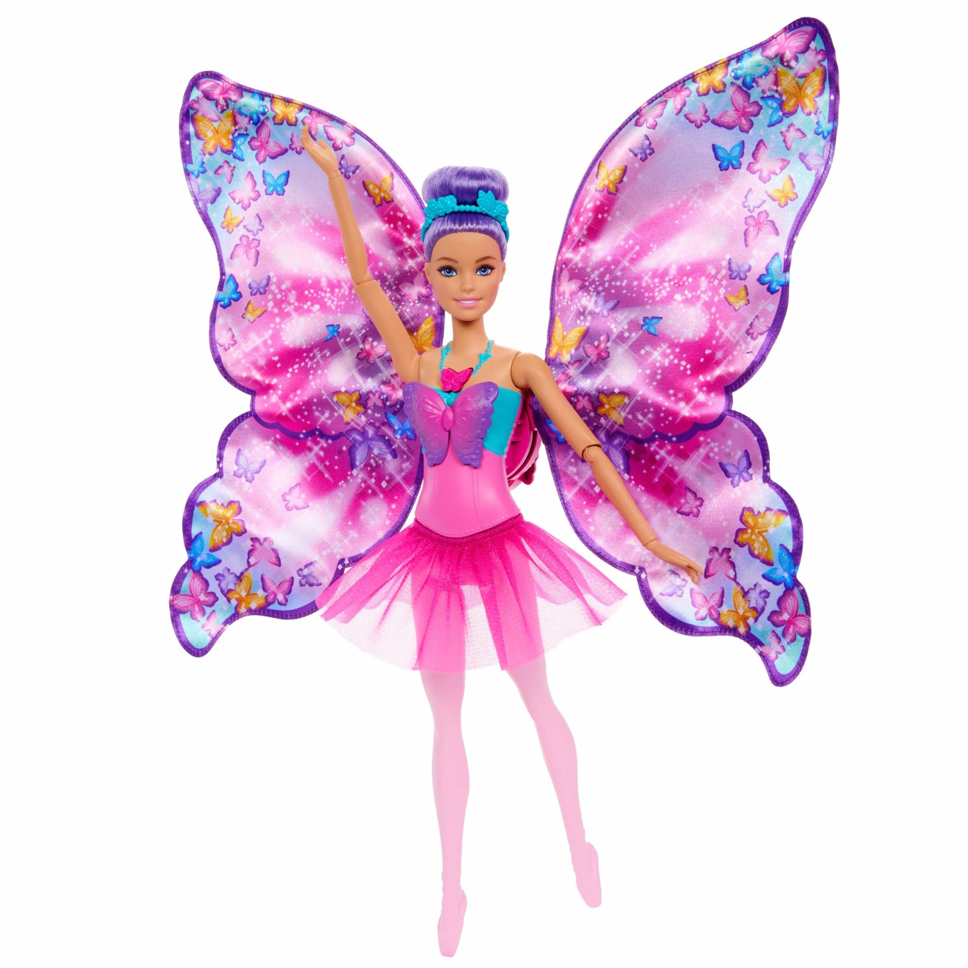 Barbie - Ali Scintillanti, bambola dai capelli viola, trasformazione 2 in 1 da ballerina a farfalla con ali apribili, cerchietto e tutù rimovibile inclusi, giocattolo per bambini, 3+ anni, HXJ10