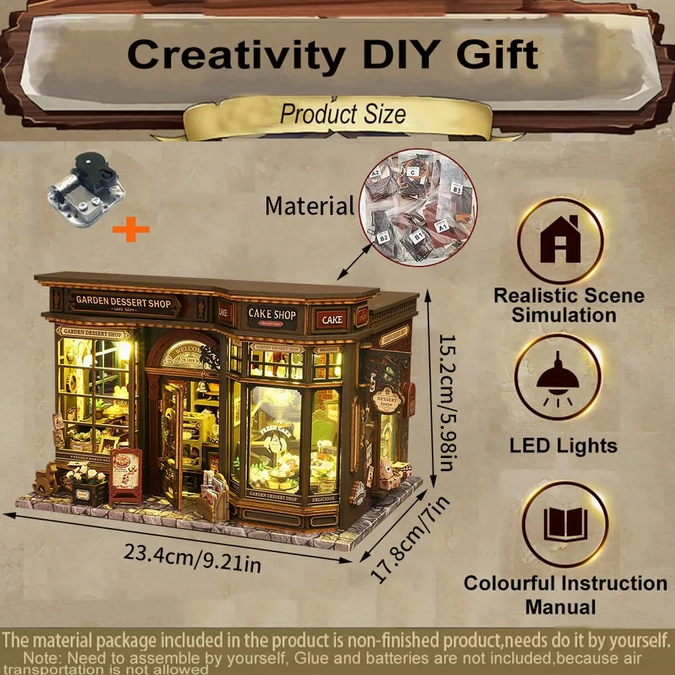 Kit puzzle 3D in legno, fai da te in miniatura casa delle bambole con luci a LED, decorazione da giardino per dessert, scaffale per libri, regalo creativo per adulti e ragazzi