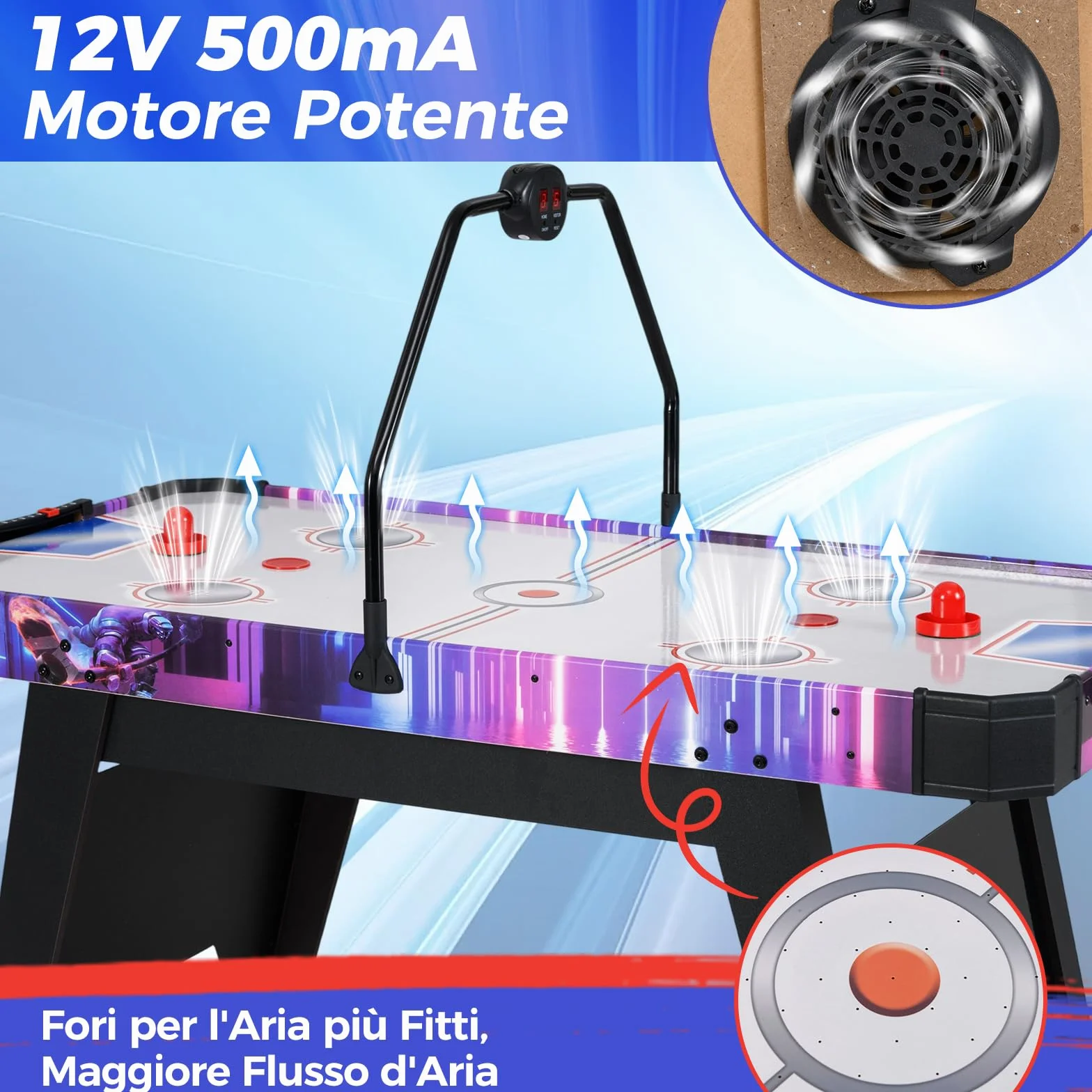 RELAX4LIFE Tavolo da Air Hockey per Bambini e Adulti da 144 cm con Segnapunti Digitale LED, Potente Motore da 12V, 2 Dischi e 2 Spingitori per Casa, Ufficio, Sala Giochi