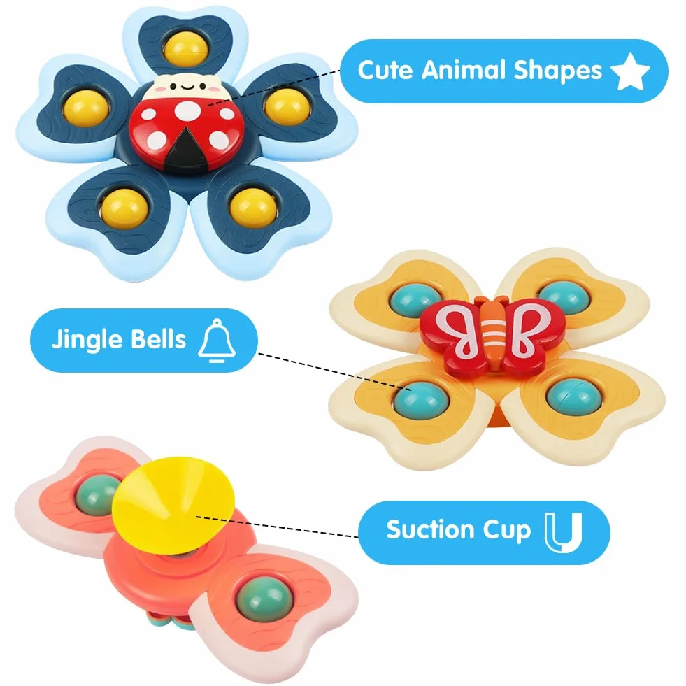 Vicloon Giocattolo a Ventosa per Bambini, 4pcs Giocattoli Sensoriali per Vasca da Bagno, Animali Colorati Spinning Top per Il Bagnetto per Bambini, Sollievo dall'Ansia Regali (Insetto)