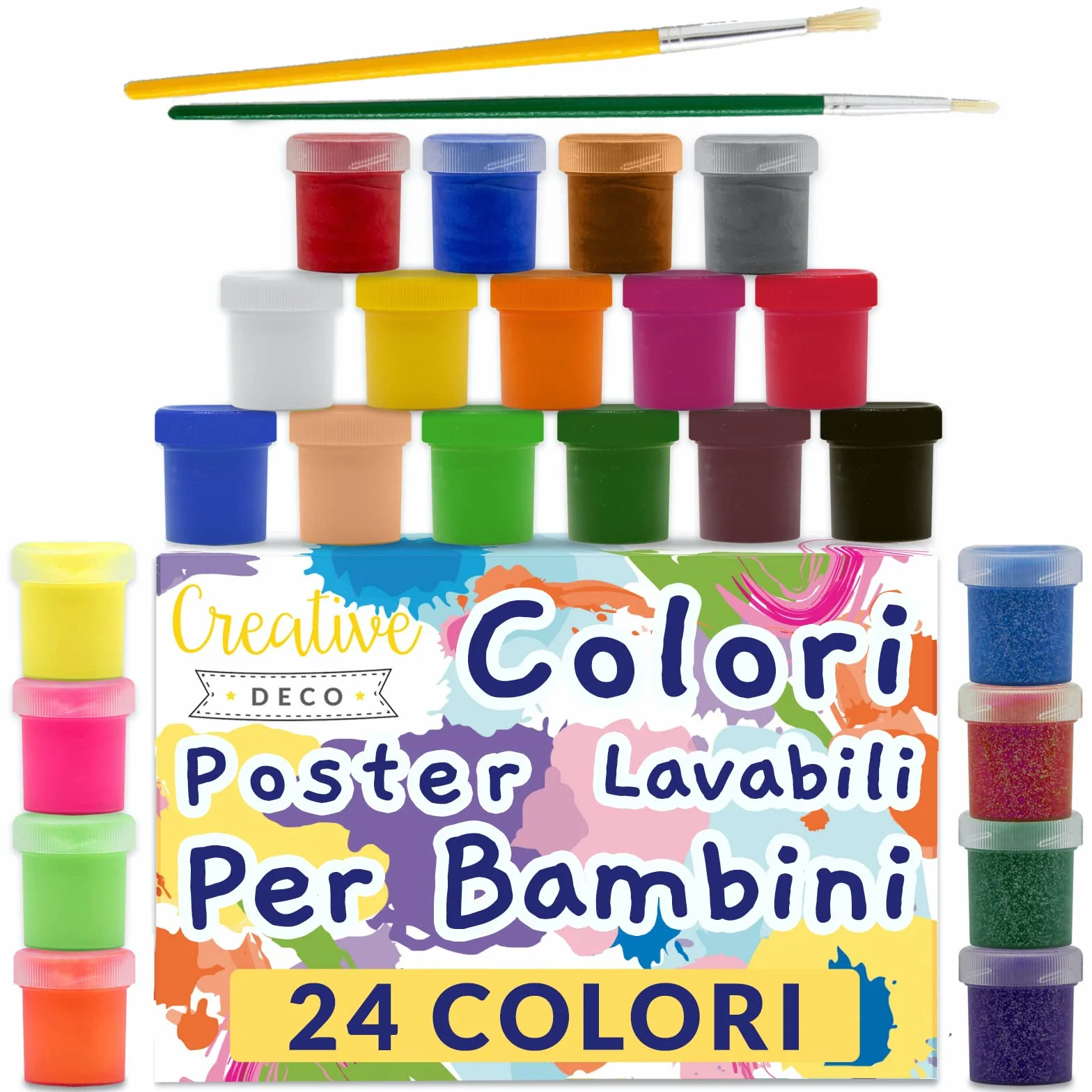 Creative Deco Tempere Lavabili per Bambini e Dipingere | 24x20 ml | Set Colori a Dita | Bottiglie Multicolore | Pittura Colori Base Fluorescenti Glitter Metallizzati Neon | per Principianti e Artisti