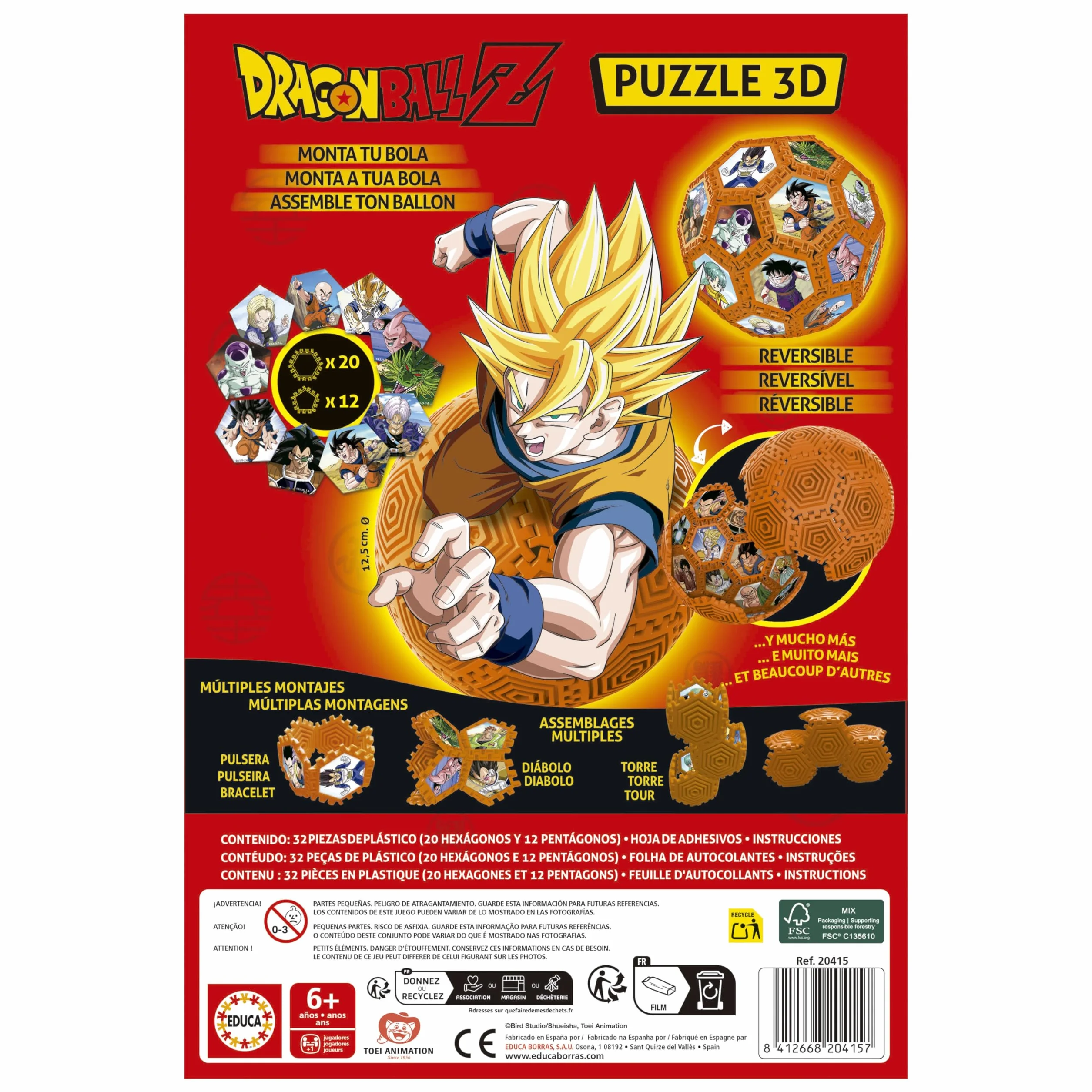 Educa - Pallone 3D Dragon Ball | Puzzle 3D da assemblare e giocare con 32 pezzi | Build & Play | Da 6 anni (20415)