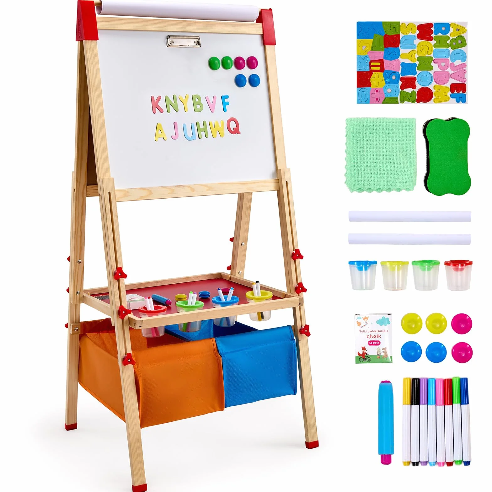 VEVOR Cavalletto da Arte per Bambini 3 in 1, Legno Doppia Faccia con Lavagna Magnetica e Rotolo di Carta, Tavolo da Disegno Regolabile
