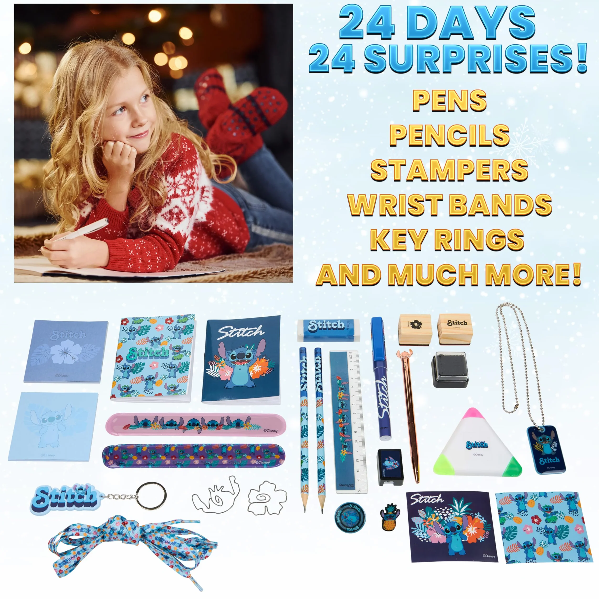 Disney Stitch Calendario Avvento 2025 Cancelleria e Accessori Countdown Natale Calendari Avvento 24 Sorprese Collana Portachiavi Penna Braccialetti (Blu Stitch Cancelleria)